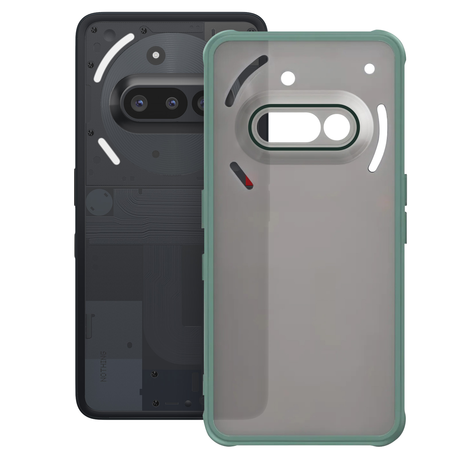 Deux parties d'un smartphone. Un dos noir avec des composants, l'autre avec un bord vert.