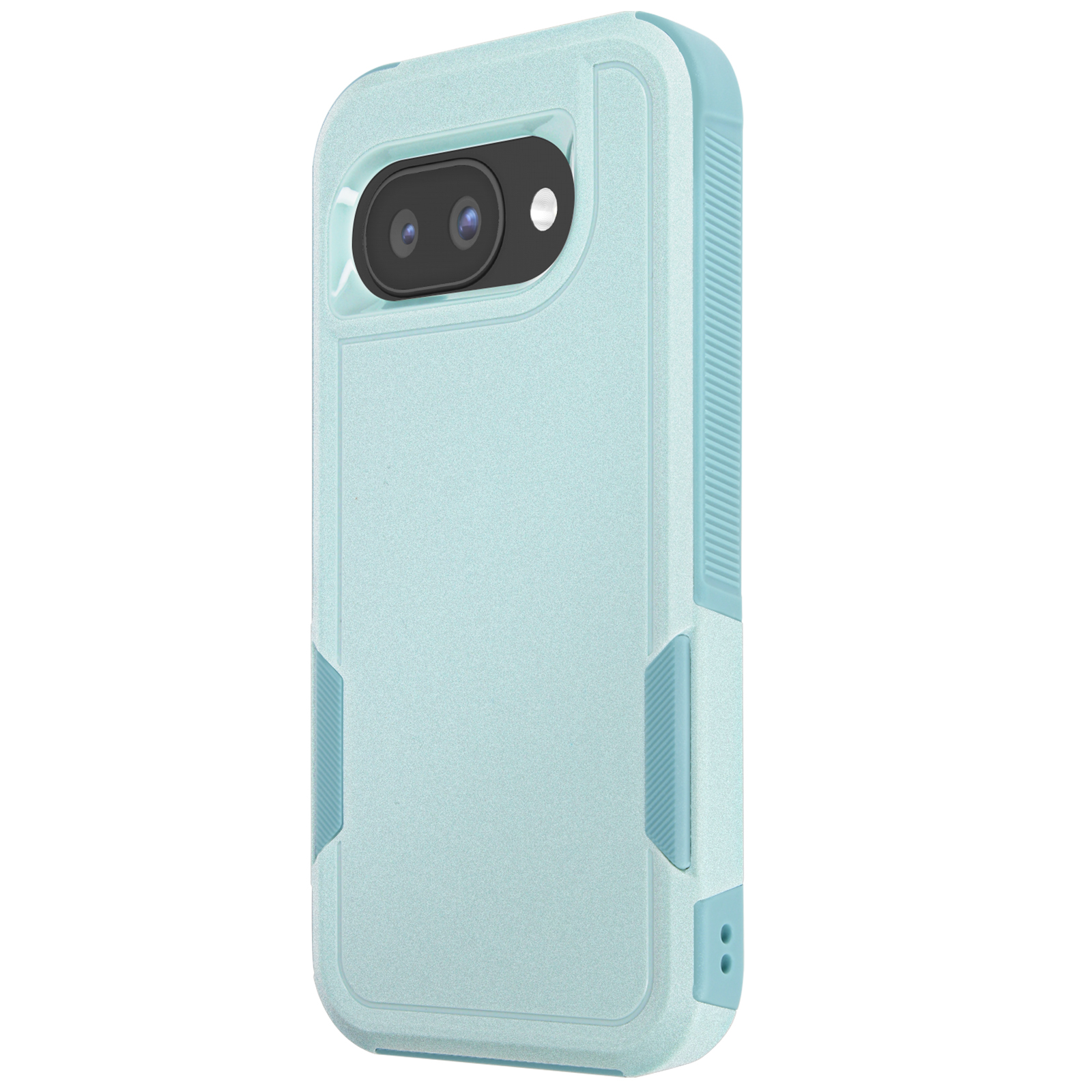 Una custodia per telefono azzurra con un ritaglio per la fotocamera. Ha un design robusto con i lati strutturati.