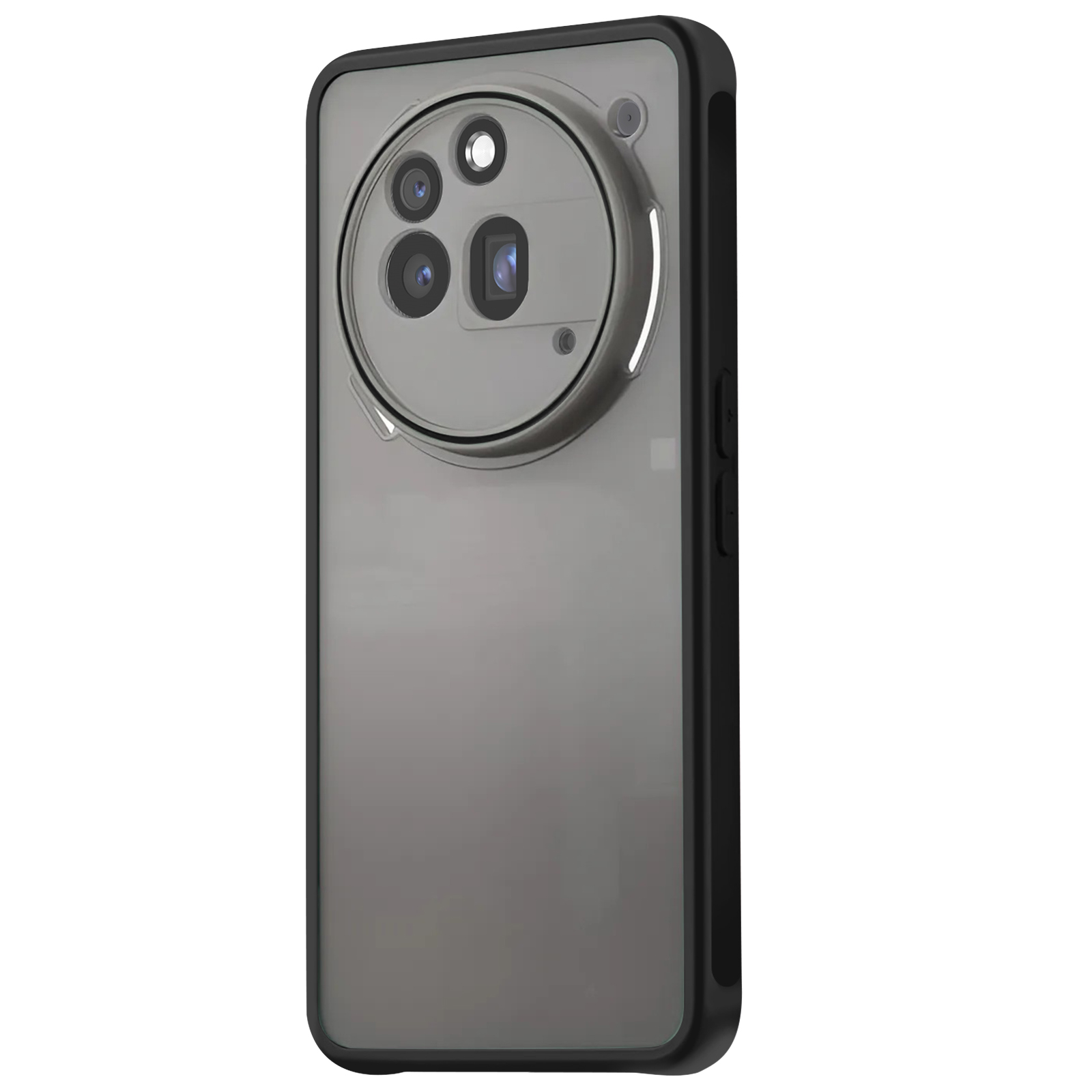 Zwarte telefoonhoes met een cirkelvormige camera-uitsparing. De achterkant is grijs en het frame zwart.