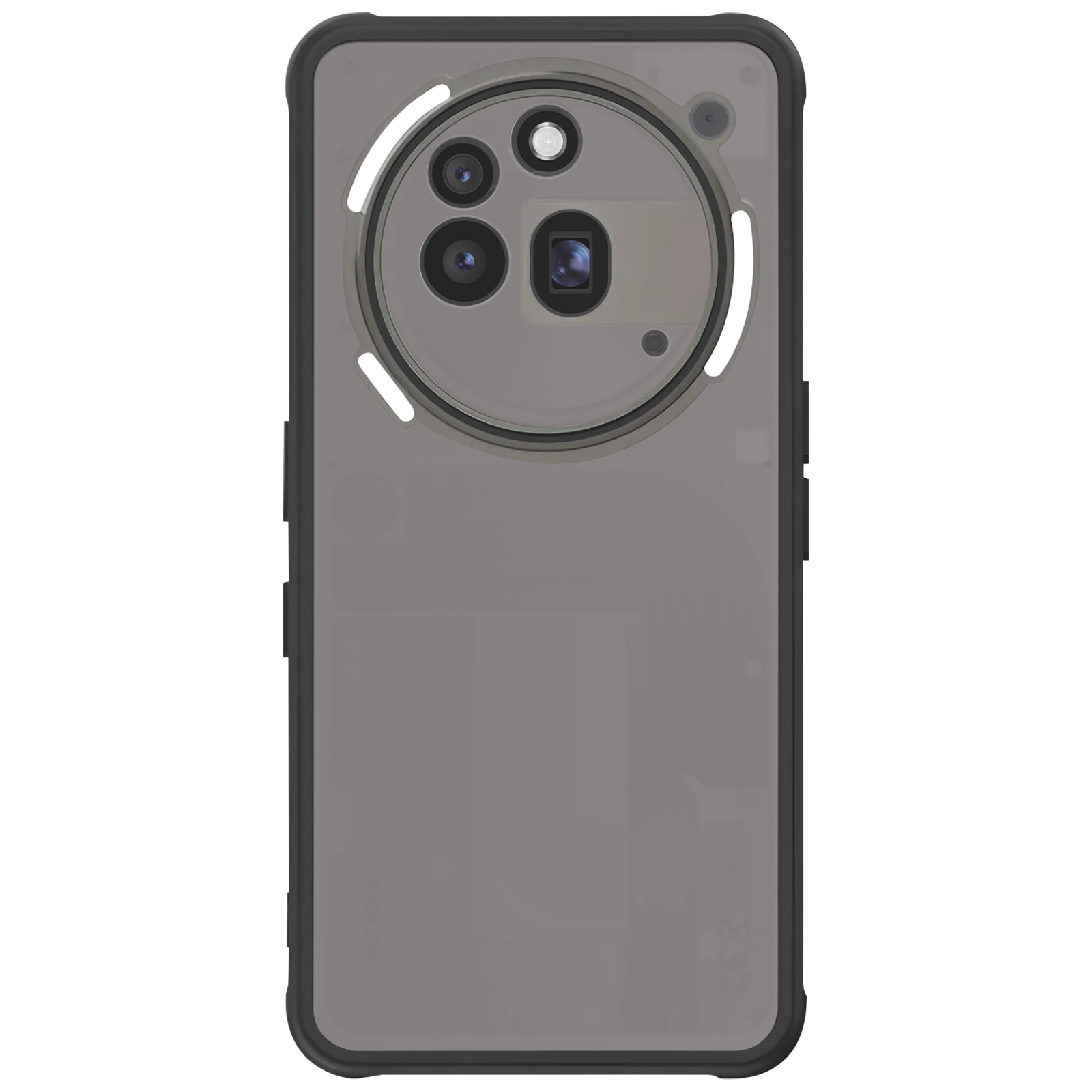 Een zwarte telefoonhoes met een transparante achterkant en een cirkelvormige camerabult. Het heeft zwarte randen.