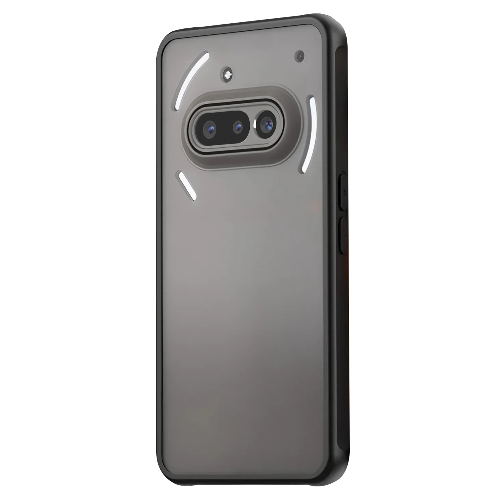 Coque de téléphone gris foncé avec découpe pour caméra et lumières. La coque est sur fond blanc.