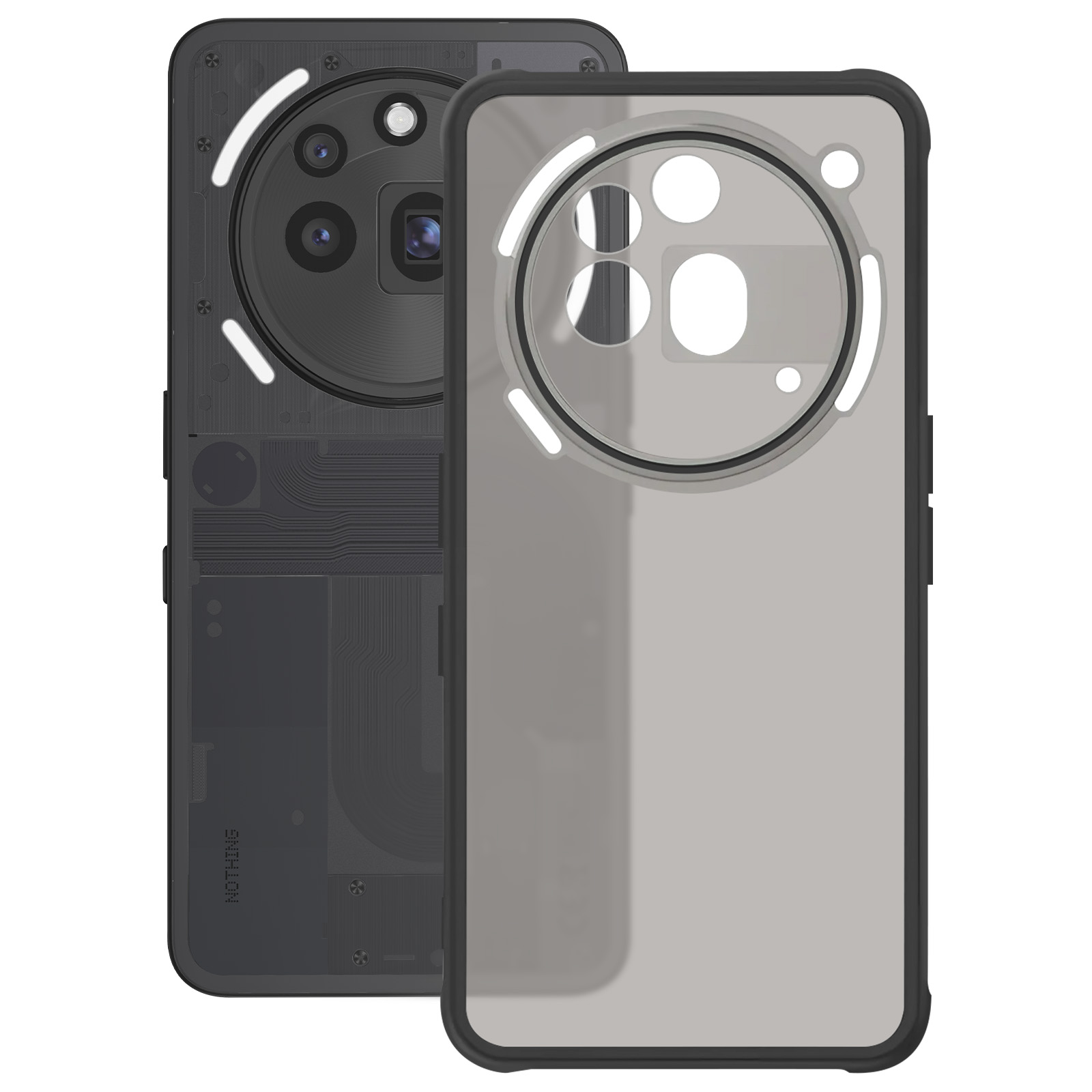 Twee zwarte Nothing telefoonhoesjes, één met een open achterkant, toont de telefooncomponenten.