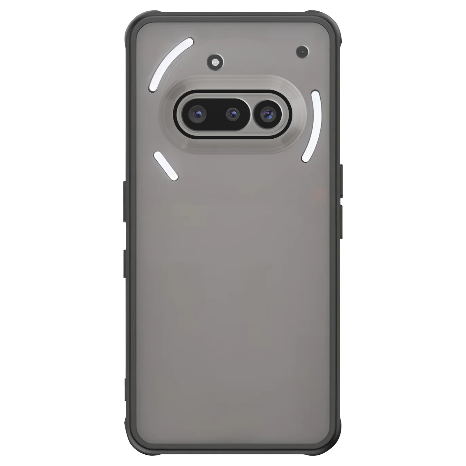 Coque de téléphone noire avec triple caméra et anneaux lumineux. Dos gris.