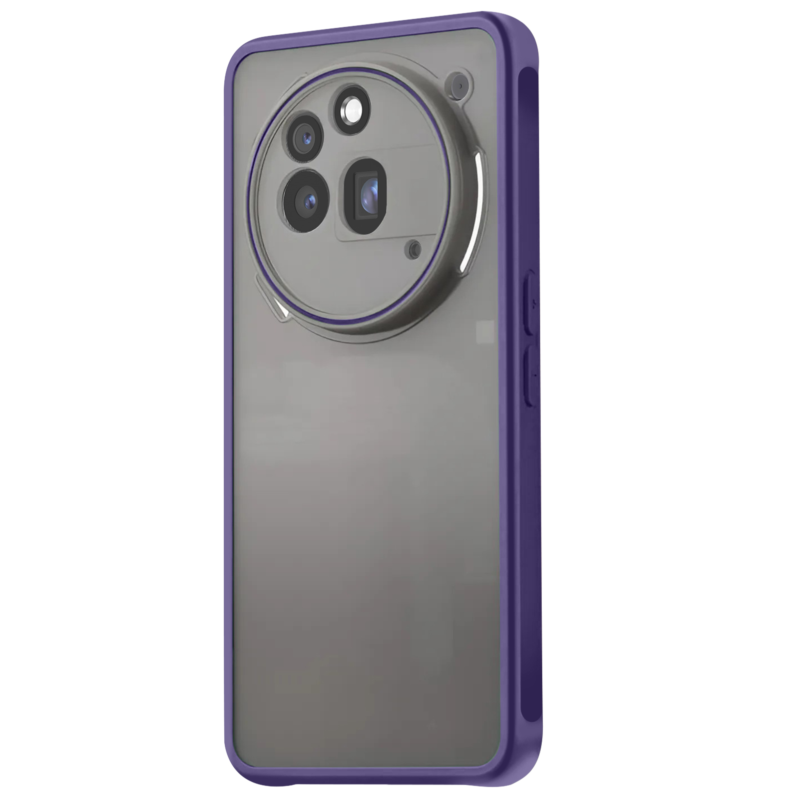 Paarse telefoonhoes. Het toont een telefoon binnenin, met een cameramodule en een paars frame.