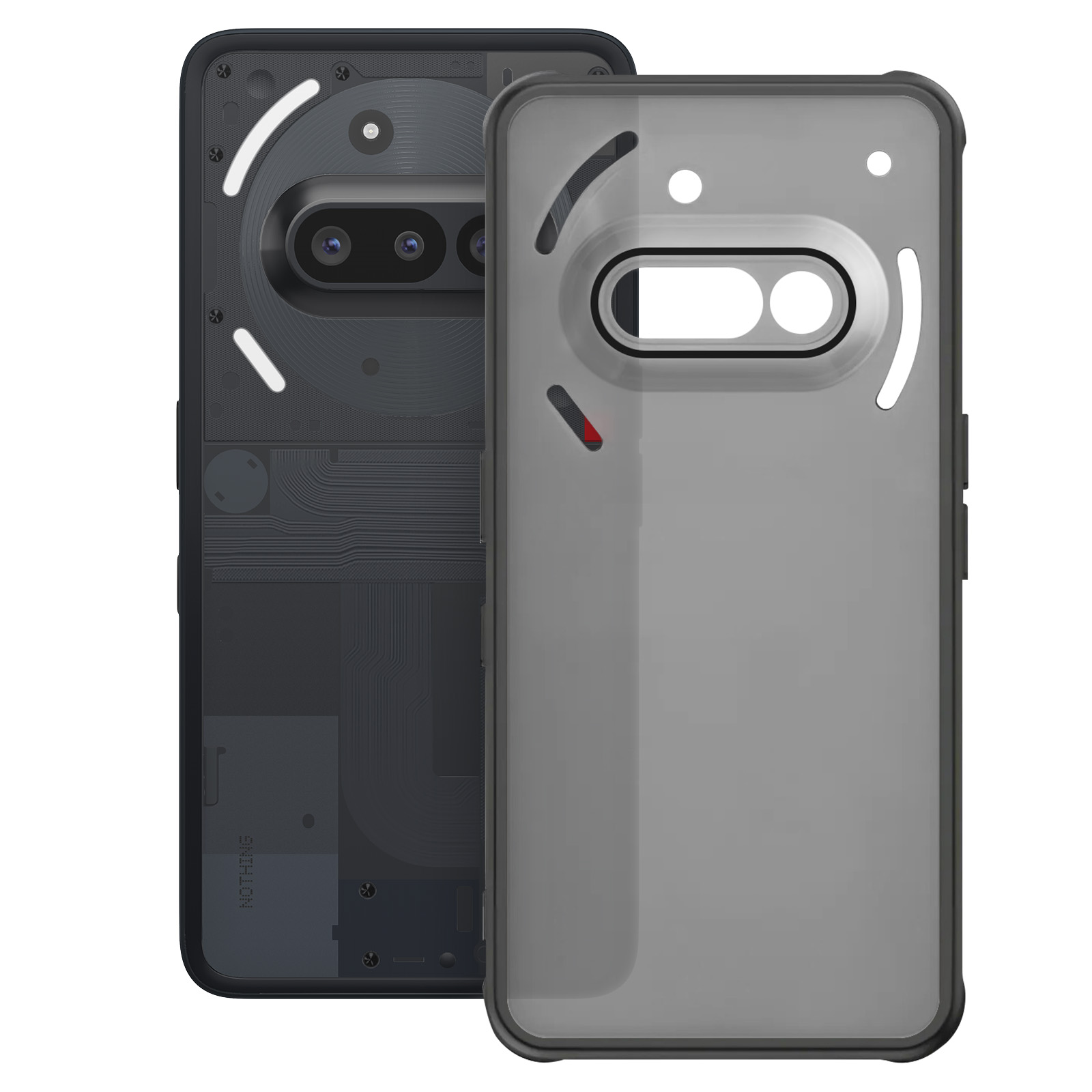 Deux coques de téléphone, une ouverte pour révéler les composants internes. Couleurs noir et gris.