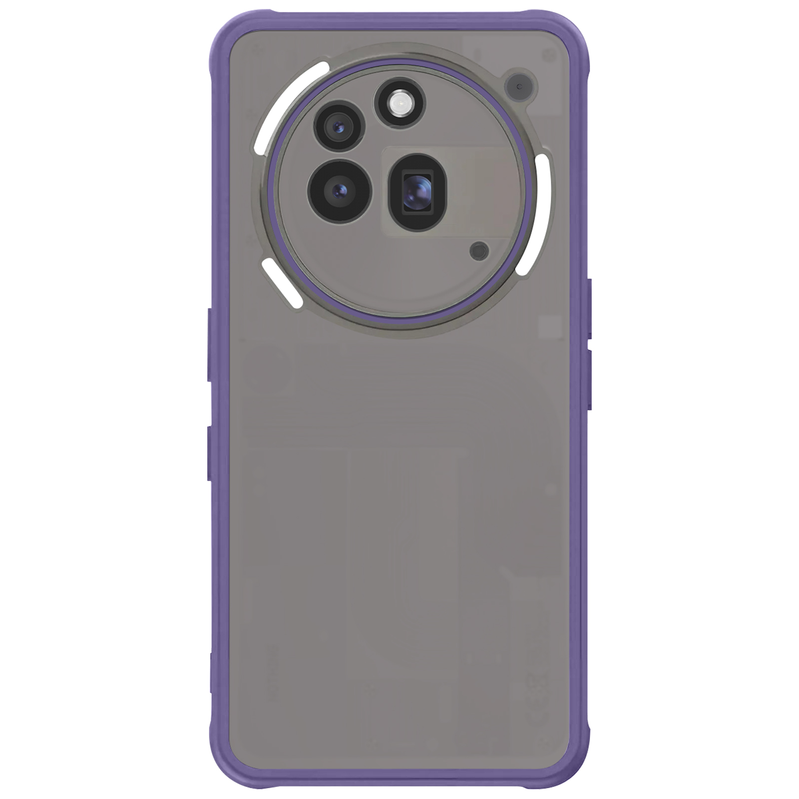 Achterkant smartphone met paars frame. Drie cameralenzen zichtbaar. Grijze kleur.