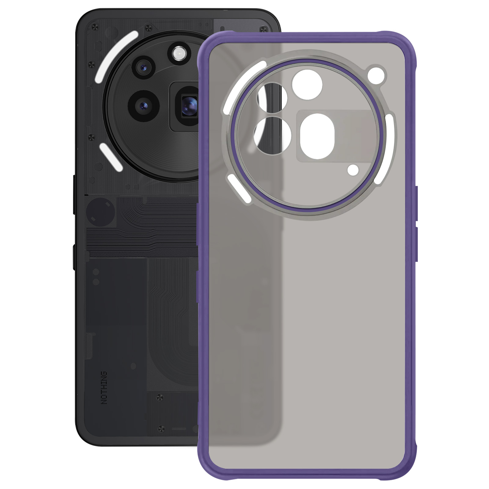 Twee telefoonhoesjes, één zwart, één transparant met paarse rand. Camera-uitsparingen zichtbaar.