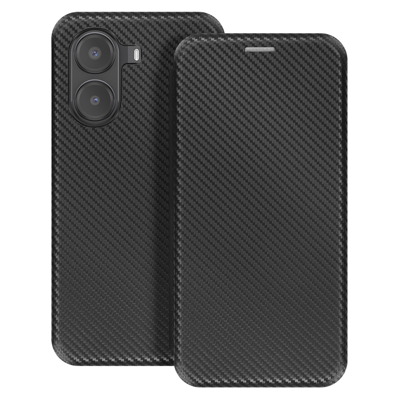 Una custodia nera per telefono con texture in fibra di carbonio, che mostra la fotocamera e lo schermo.