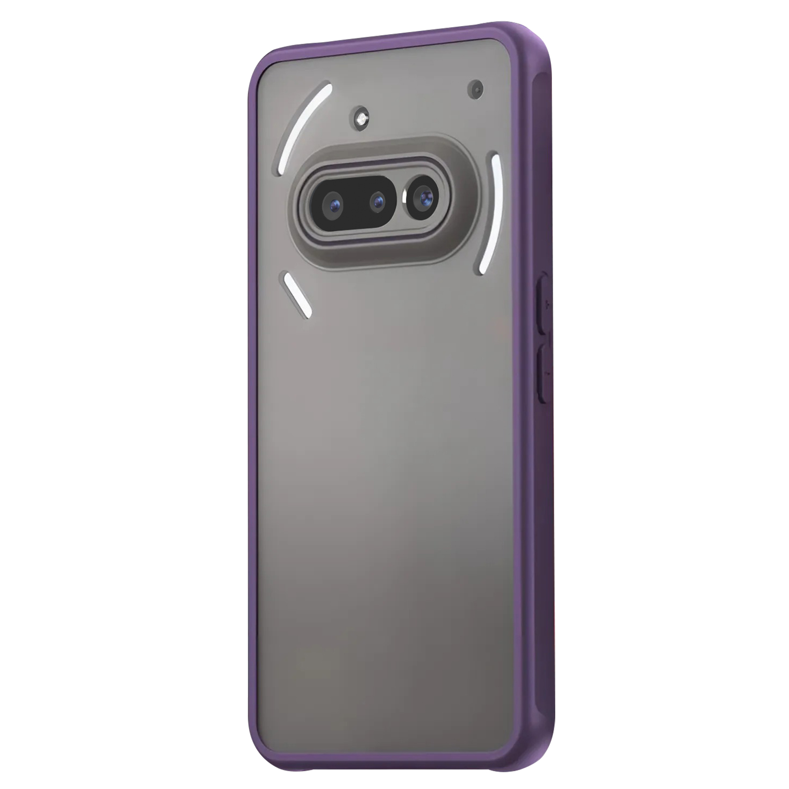 Une coque de téléphone à cadre violet avec des découpes pour l'appareil photo.