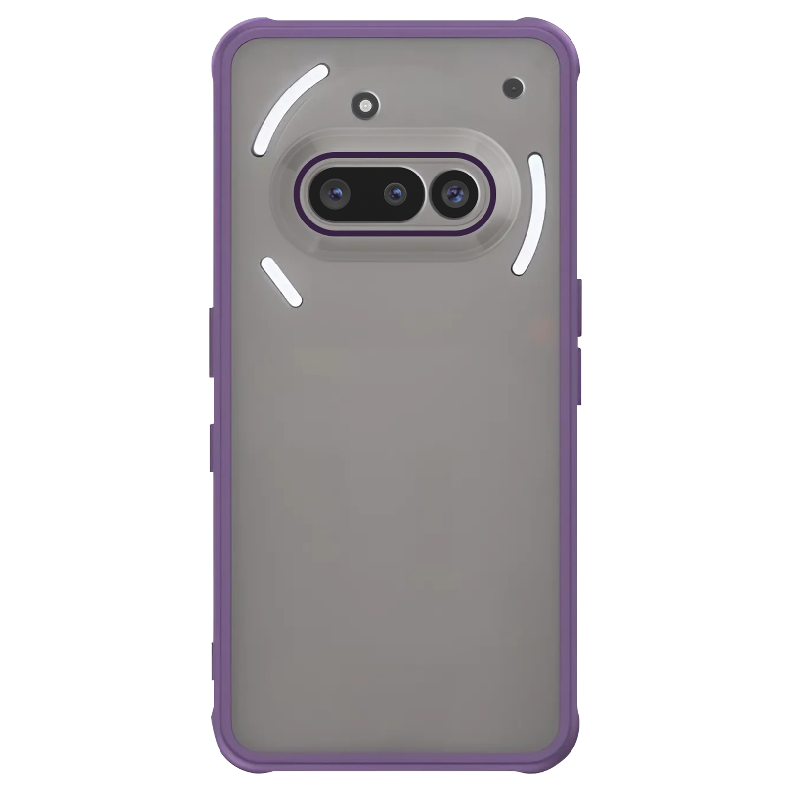 Coque de téléphone. Cadre violet, dos transparent avec trois découpes pour caméra.