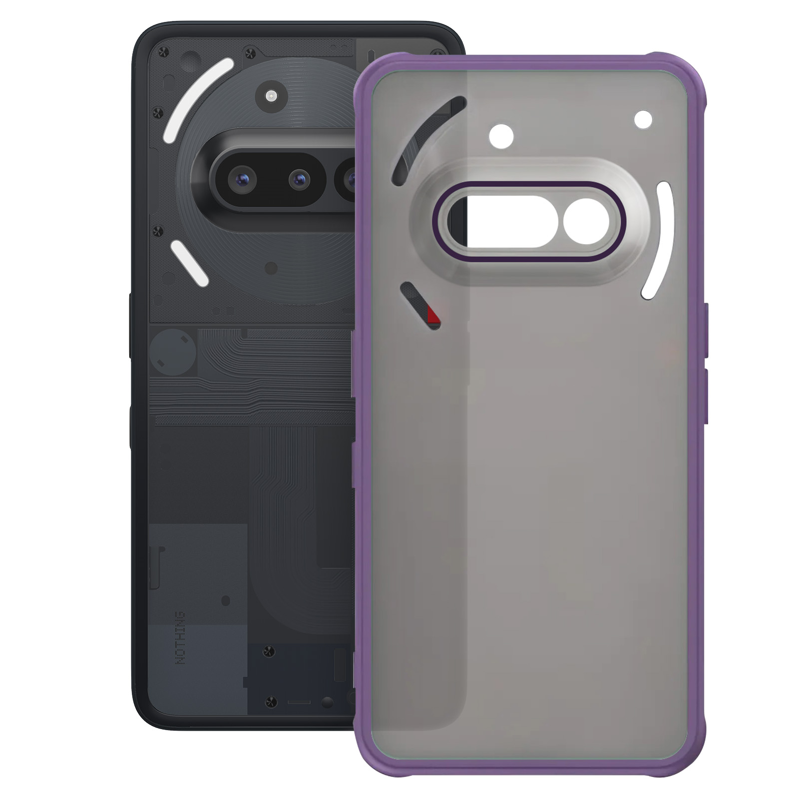 Deux coques de téléphone, une noire et ouverte, l'autre transparente avec un cadre violet.