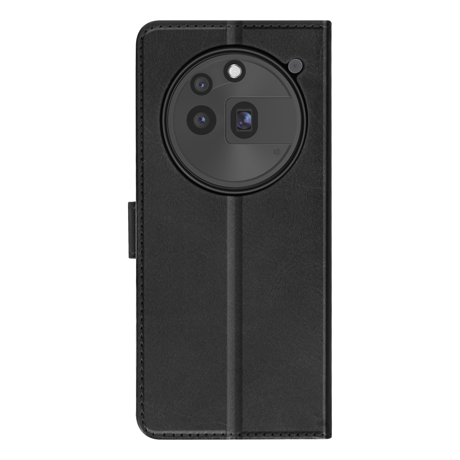 Custodia per telefono in pelle nera con ritaglio per fotocamera, tre lenti e flash.