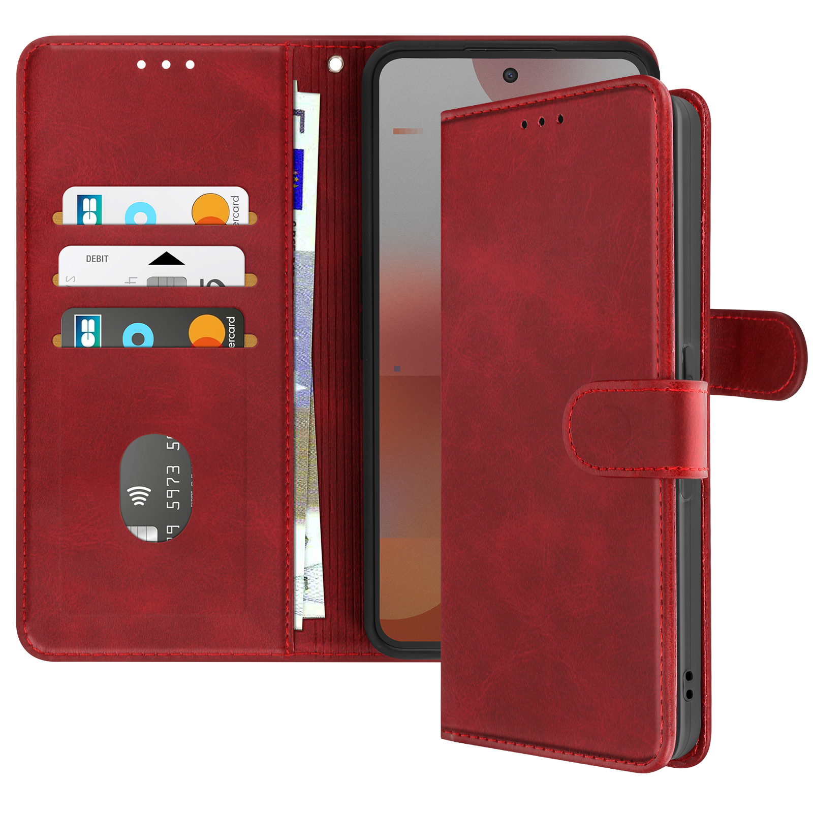 Portafoglio rosso per telefono con slot per carte, valuta e telefono.