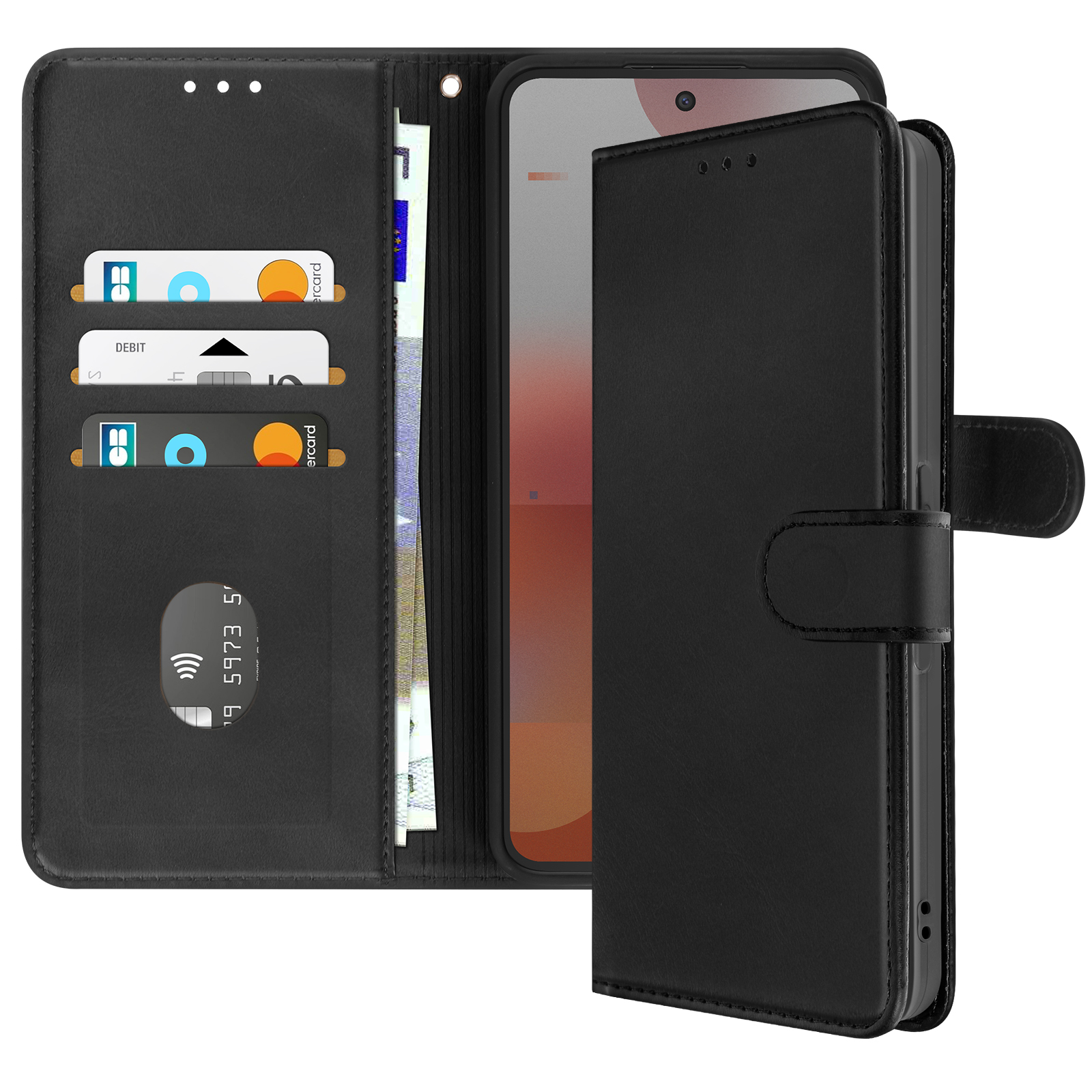 Custodia per telefono nera, stile portafoglio. Contiene telefono, carte e contanti. Chiusa con fermaglio.