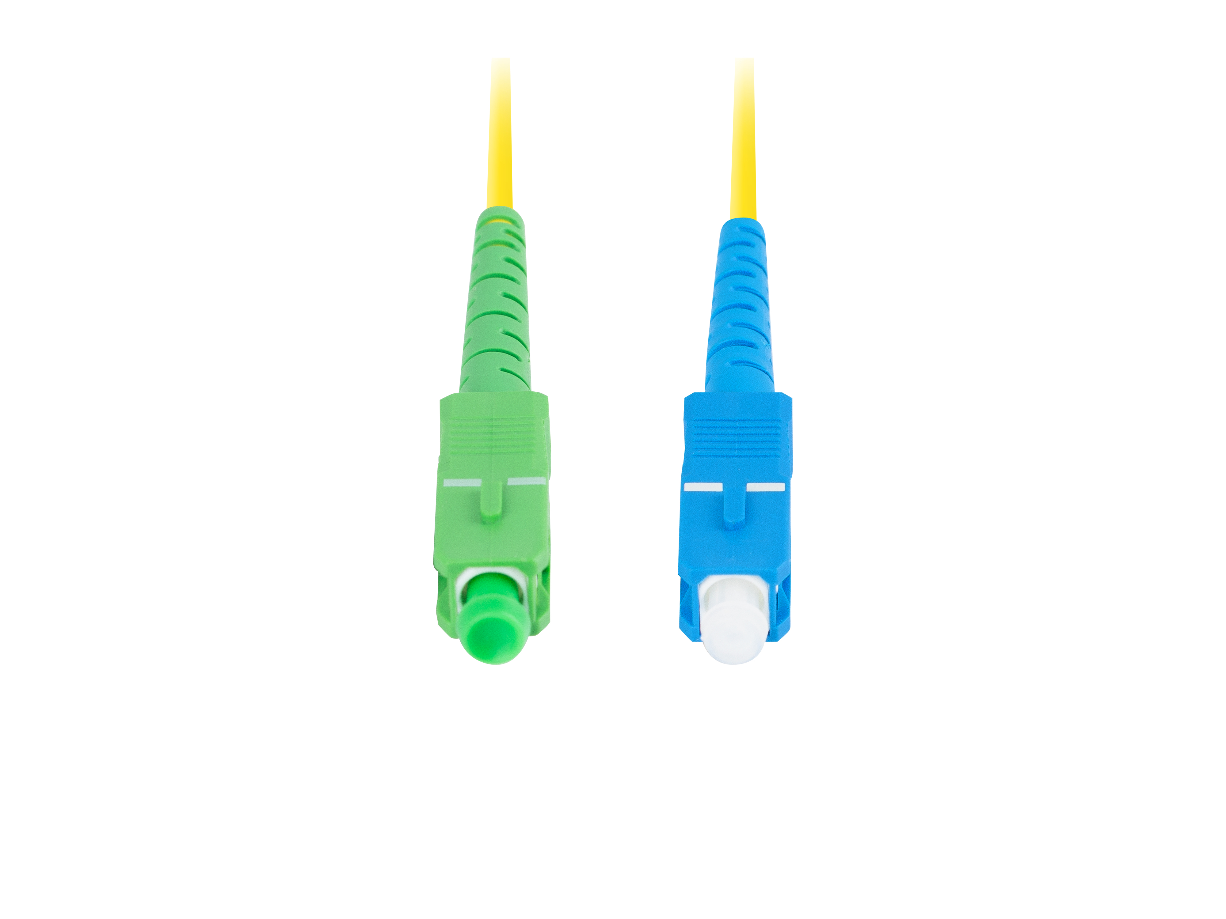 Cavi in fibra ottica con connettori verdi e blu su sfondo bianco.