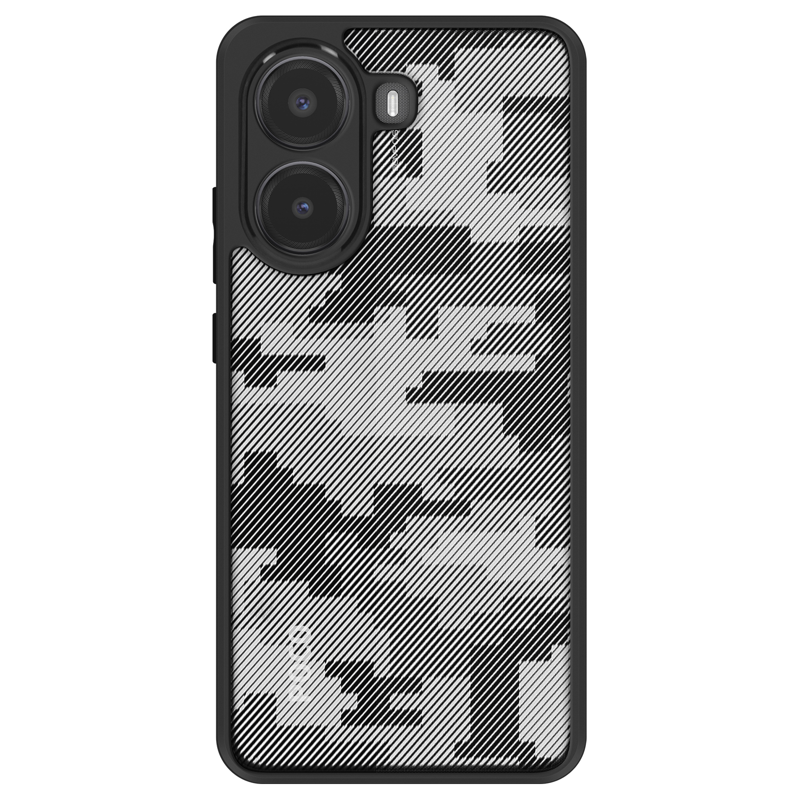 Una custodia per telefono con un motivo in bianco e nero di linee diagonali, con due obiettivi della fotocamera.