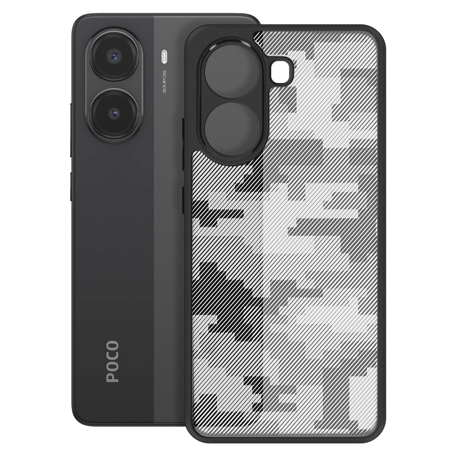 Smartphone nero con custodia. La parte posteriore del telefono ha due fotocamere. La custodia ha un motivo geometrico.