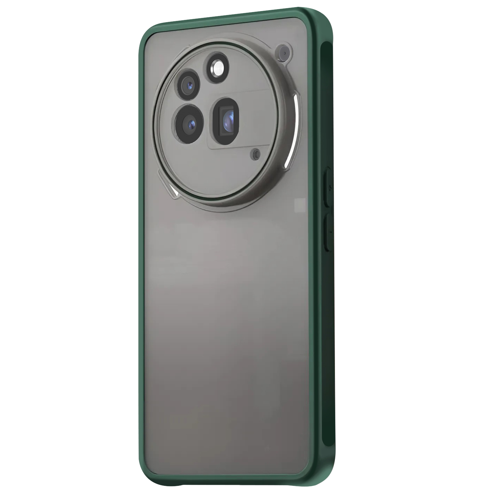 Groene en zwarte telefoonhoes met cameramodule en transparante achterkant.