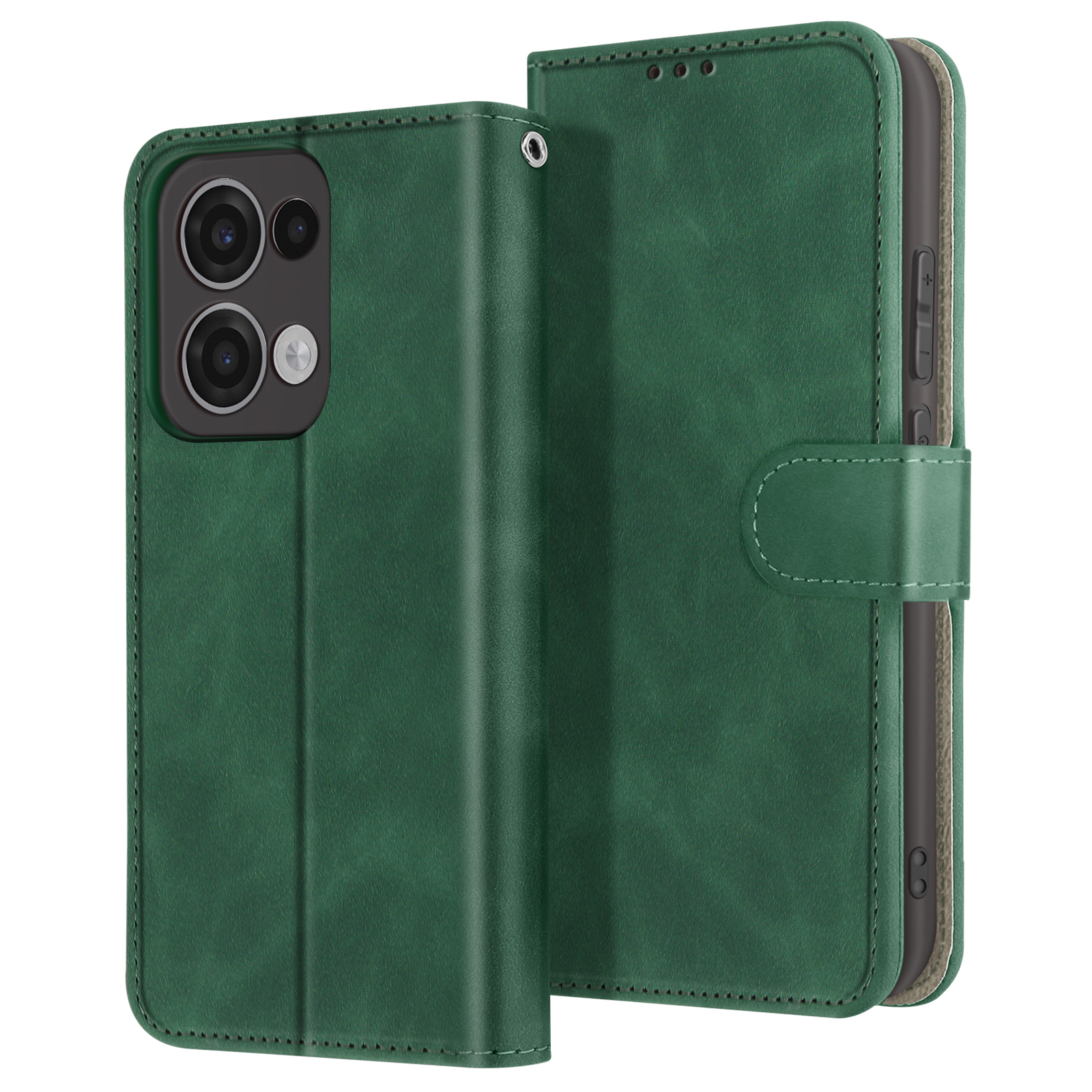 Custodia per telefono in pelle verde, aperta. Ha una chiusura a bottone e più lenti della fotocamera.