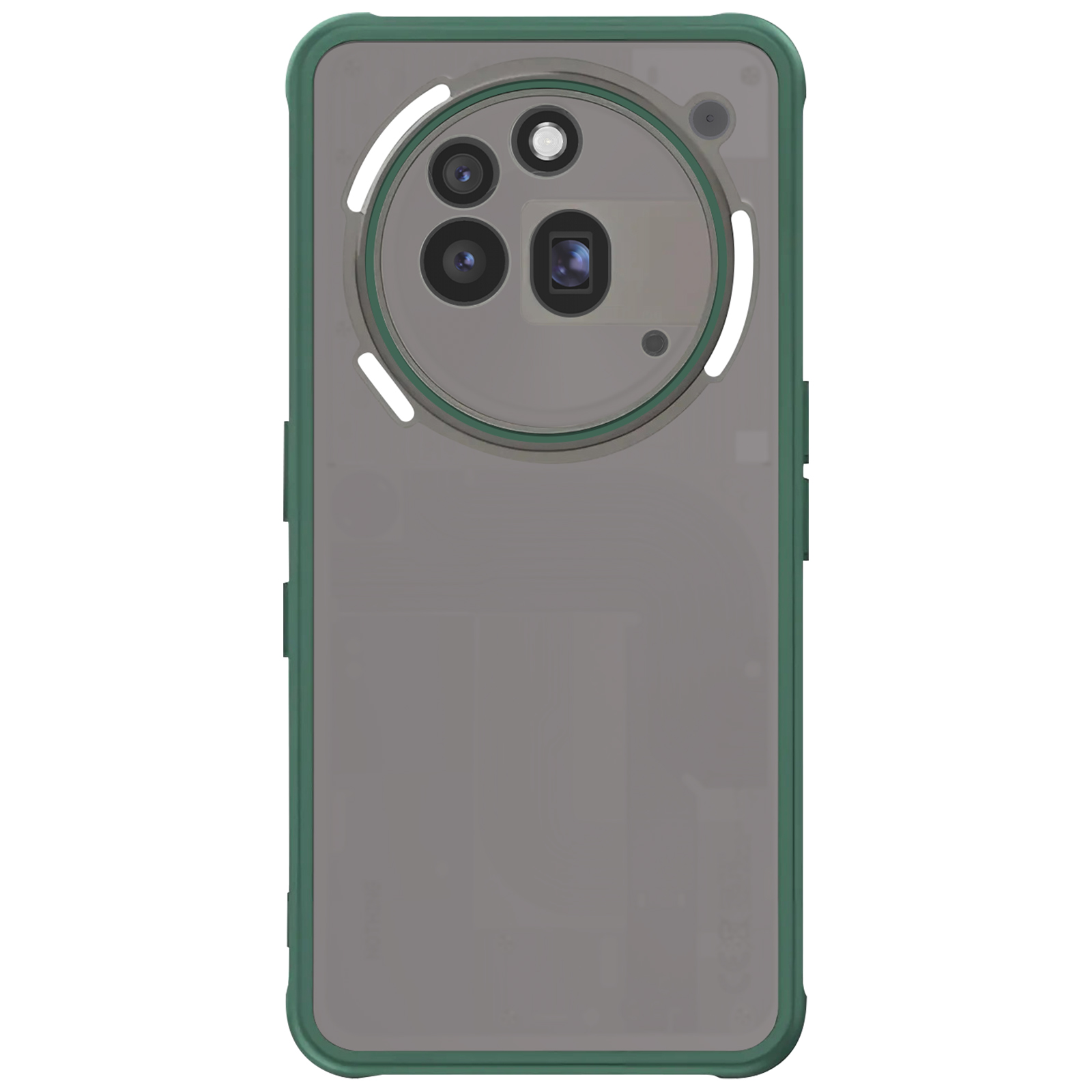 Telefoonhoesje met groene rand en camera-uitsparingen, op witte achtergrond.