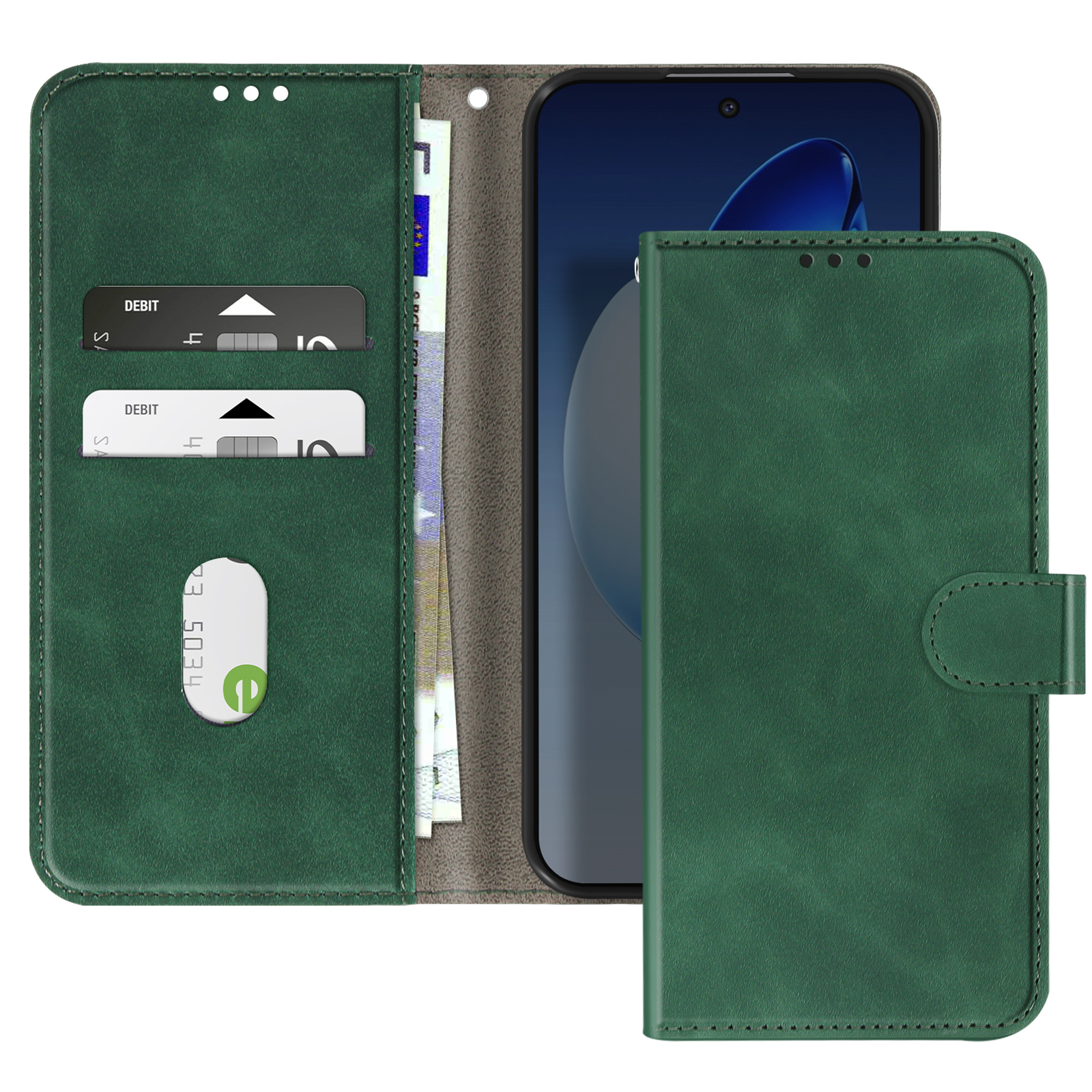 Custodia verde per telefono aperta, che mostra un telefono, carte e contanti. Sfondo bianco.