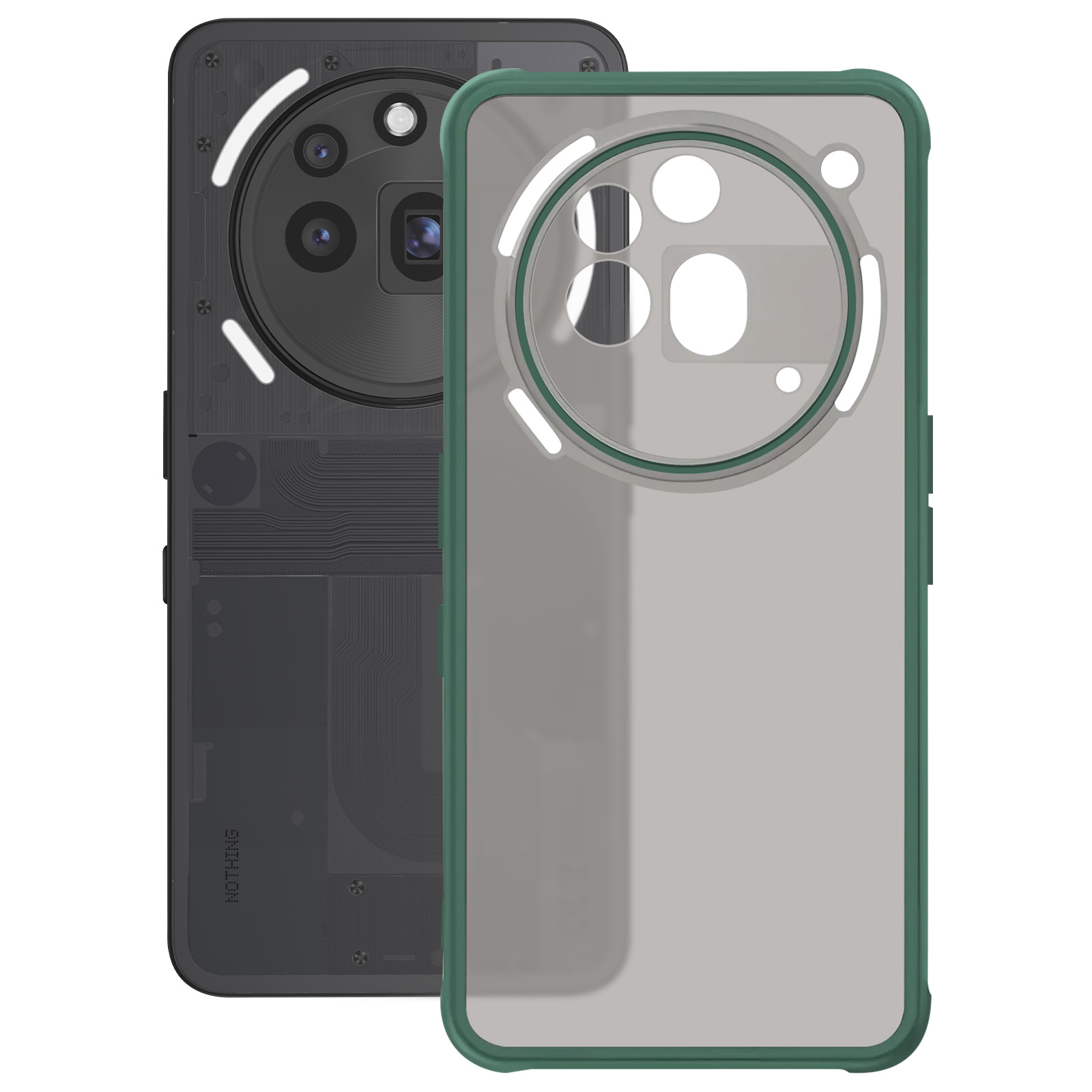 Twee telefoonhoesjes, één zwart, één transparant met groene rand. Camera-uitsparingen zichtbaar.