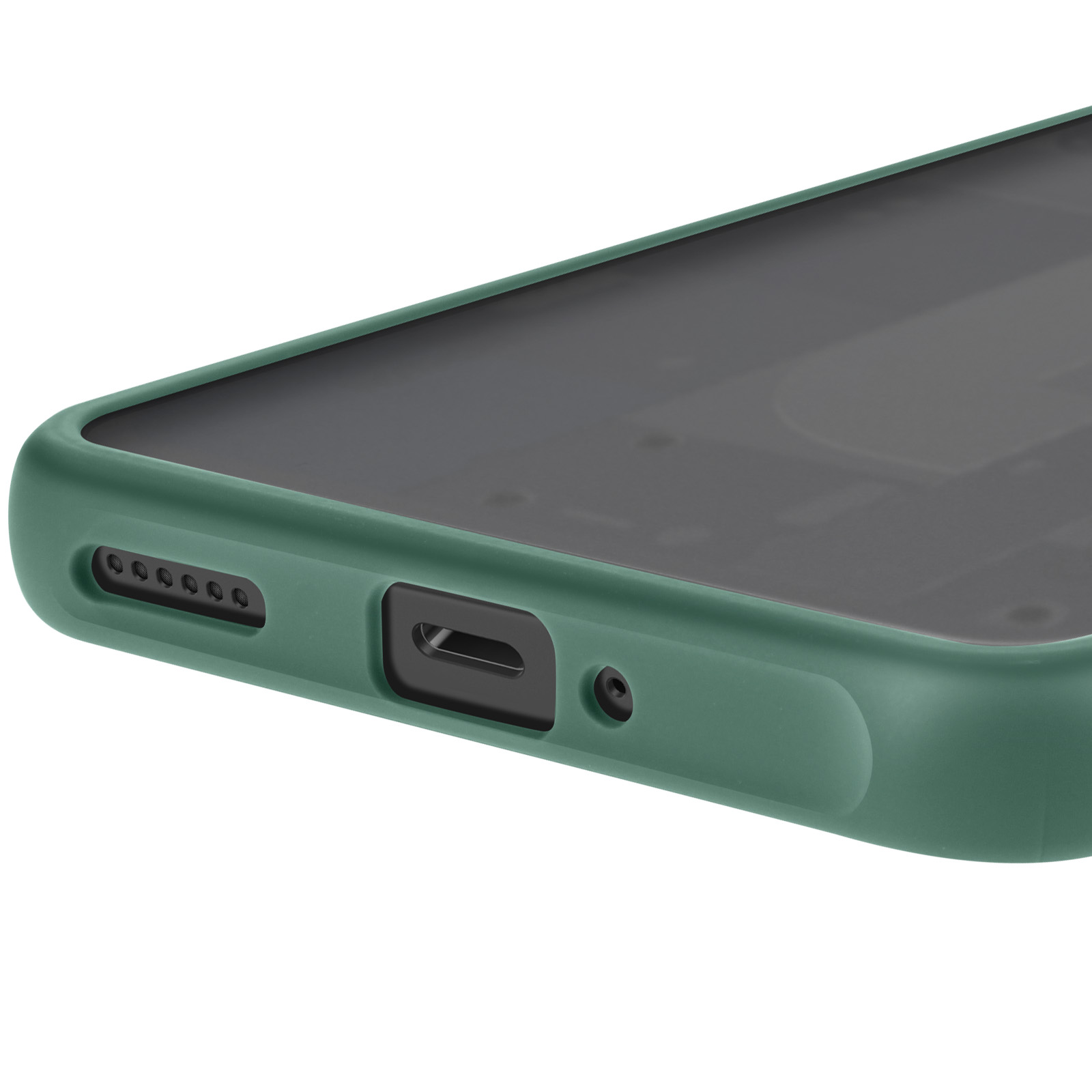 Close-up van een groene telefoonhoes met een oplaadpoort en luidsprekergaten.