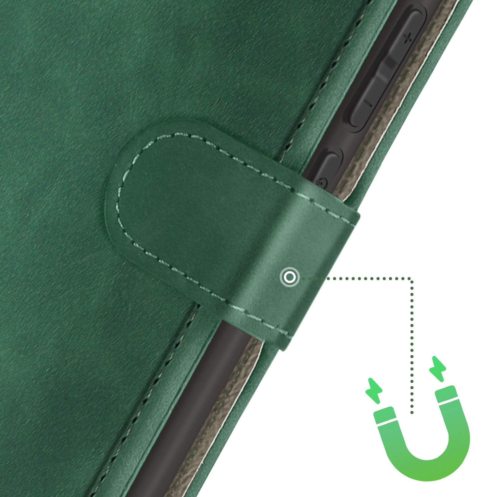 Custodia per telefono in pelle verde, chiusura magnetica e icona campo magnetico.