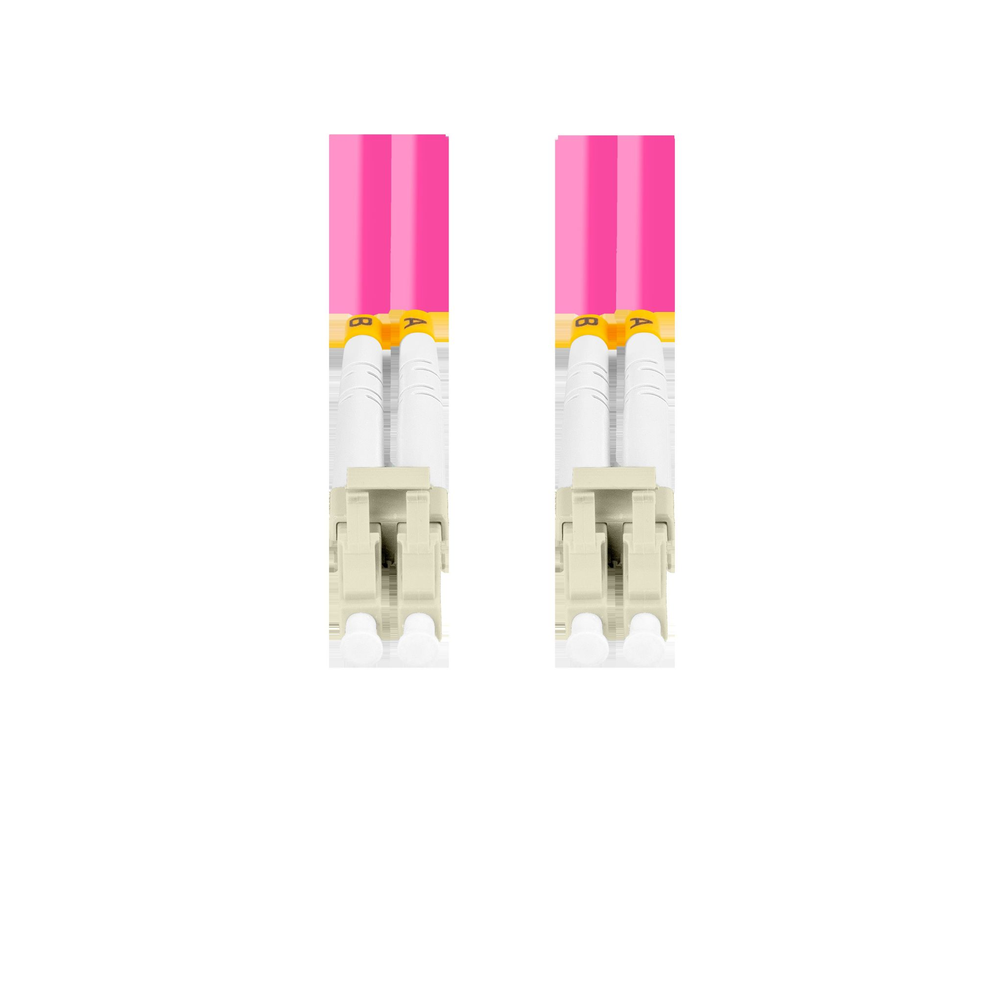 Due cavi in fibra ottica rosa con connettori bianchi e clip beige.