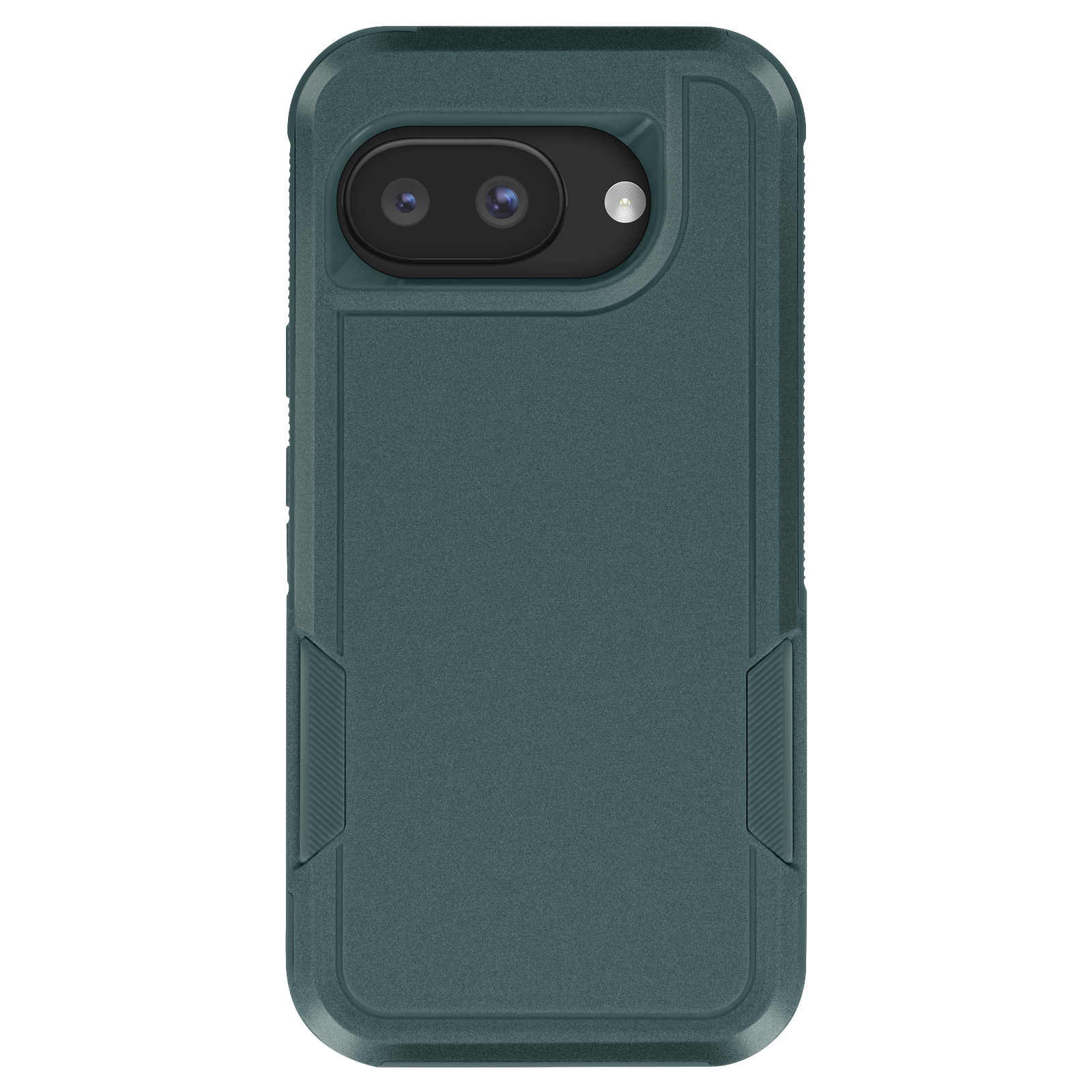 Una custodia per telefono color verde acqua con due obiettivi della fotocamera sul retro.
