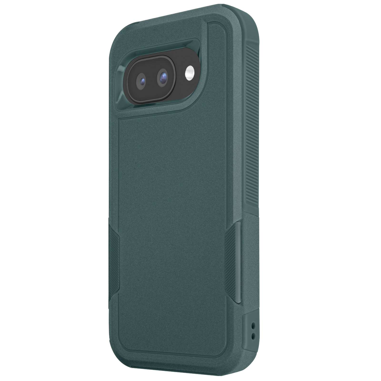 Una custodia verde per telefono con un ritaglio per la fotocamera. La custodia è in un ambiente neutro, con una superficie strutturata.