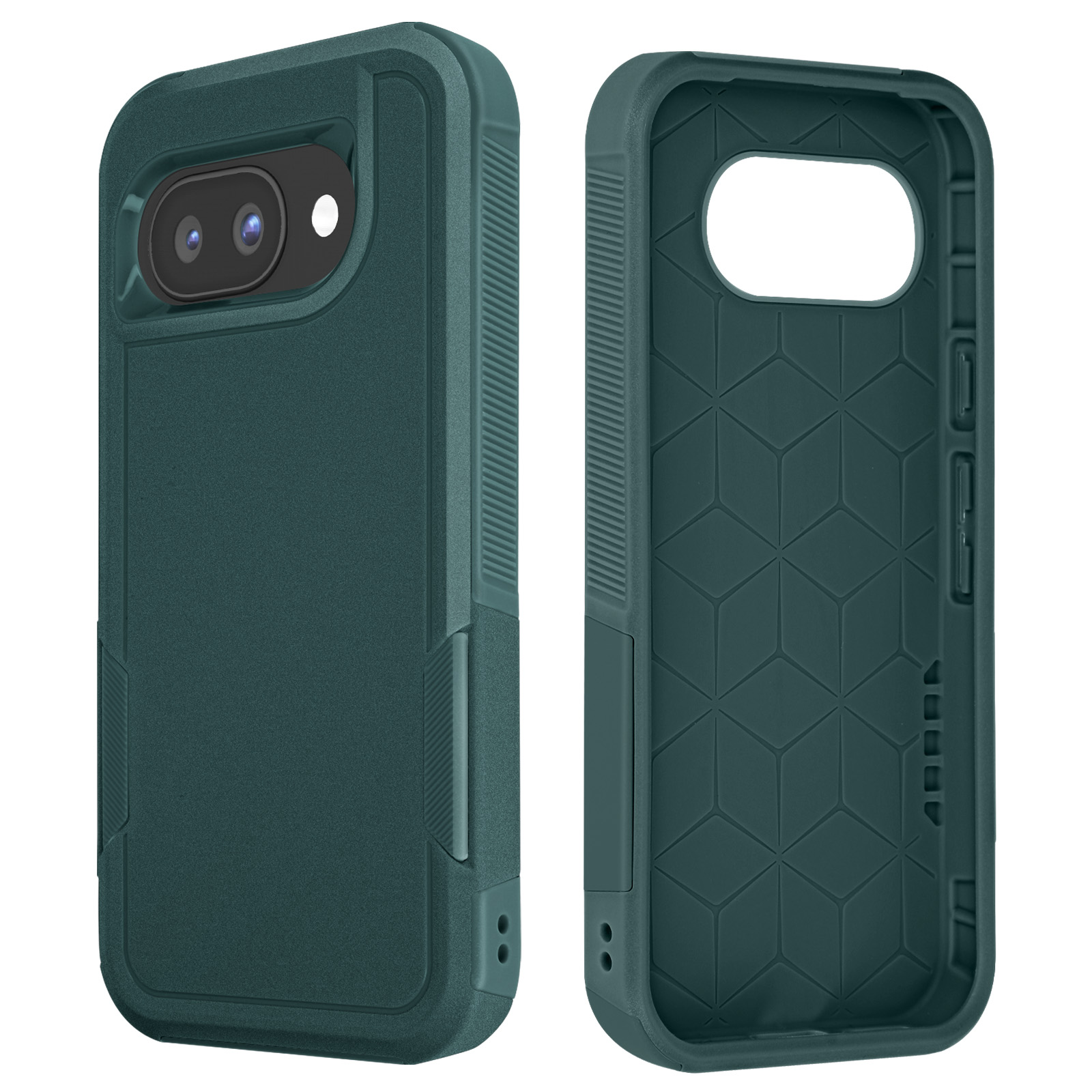 Custodia verde per telefono. La parte anteriore ha fori per la fotocamera e il retro un design geometrico.