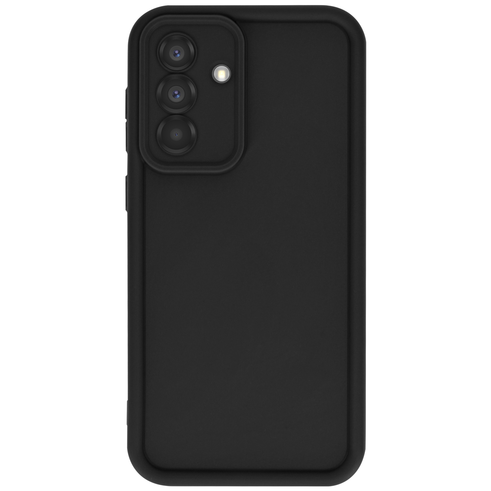 Une coque de téléphone noire avec trois lentilles d'appareil photo et un flash. La coque est noire.