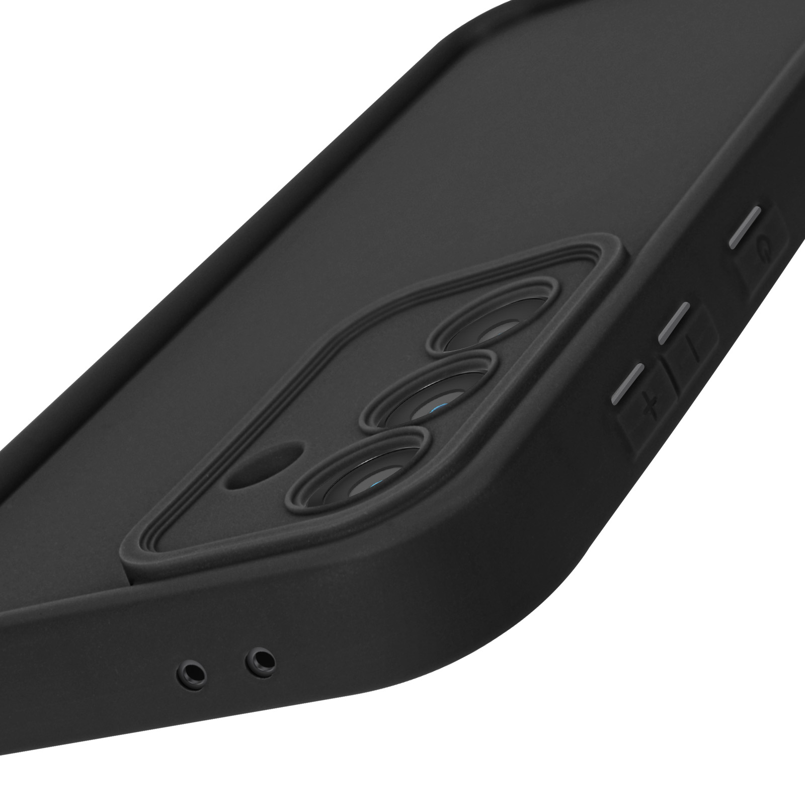 Coque de téléphone noire avec trous pour appareil photo et boutons de volume/alimentation, vue rapprochée.