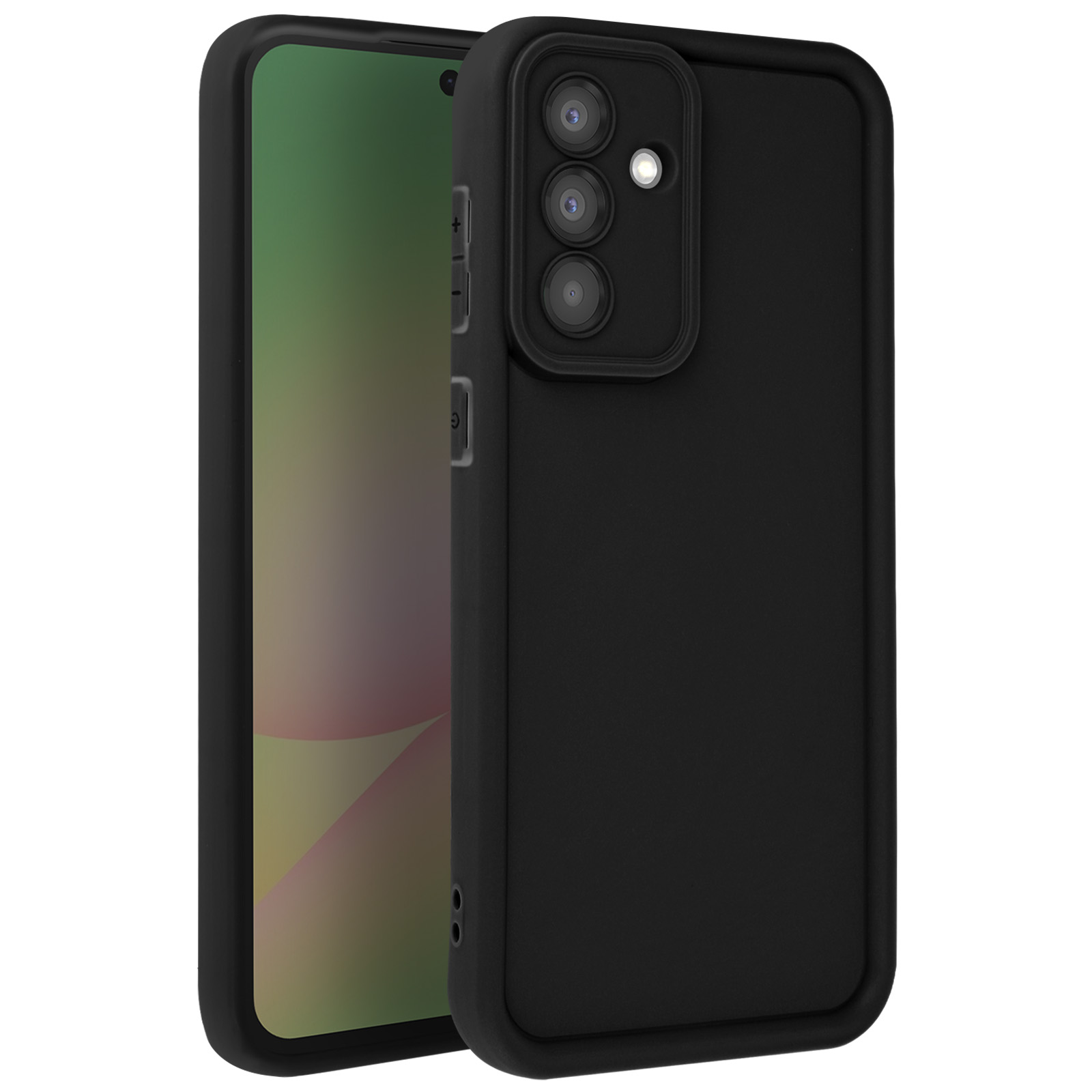 Téléphone noir dans un étui noir. L'écran du téléphone est visible.
