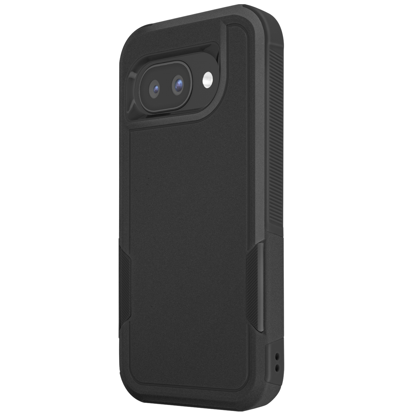 Een zwarte telefoonhoes met een uitsparing voor een dual-lens camera, schuin en een robuust ontwerp.