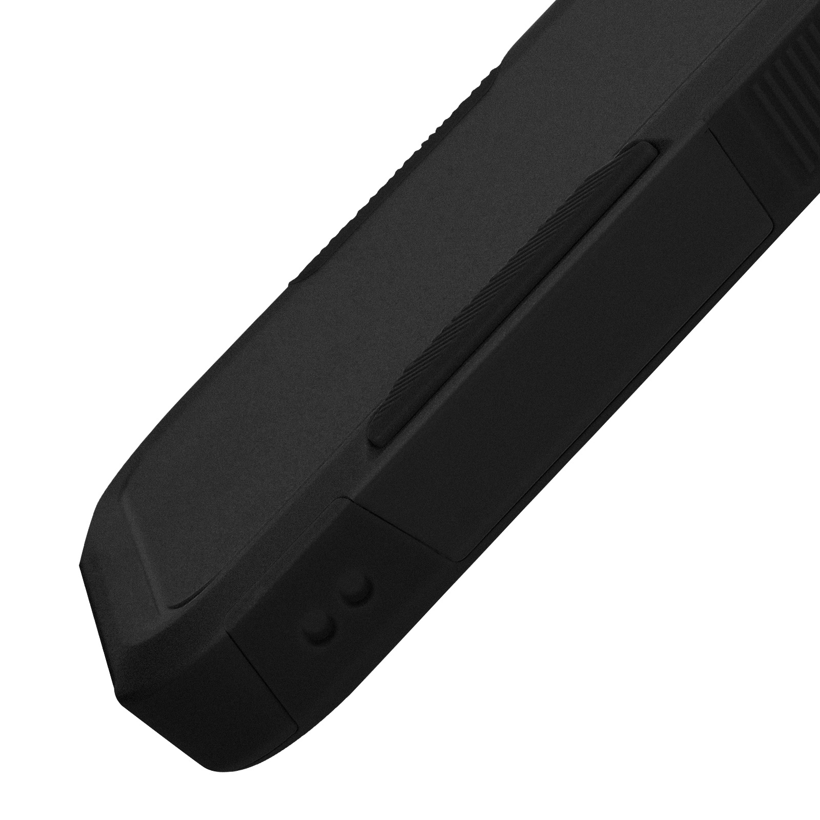 Close-up van een zwarte telefoonhoes met een gestructureerd oppervlak en knoppen.