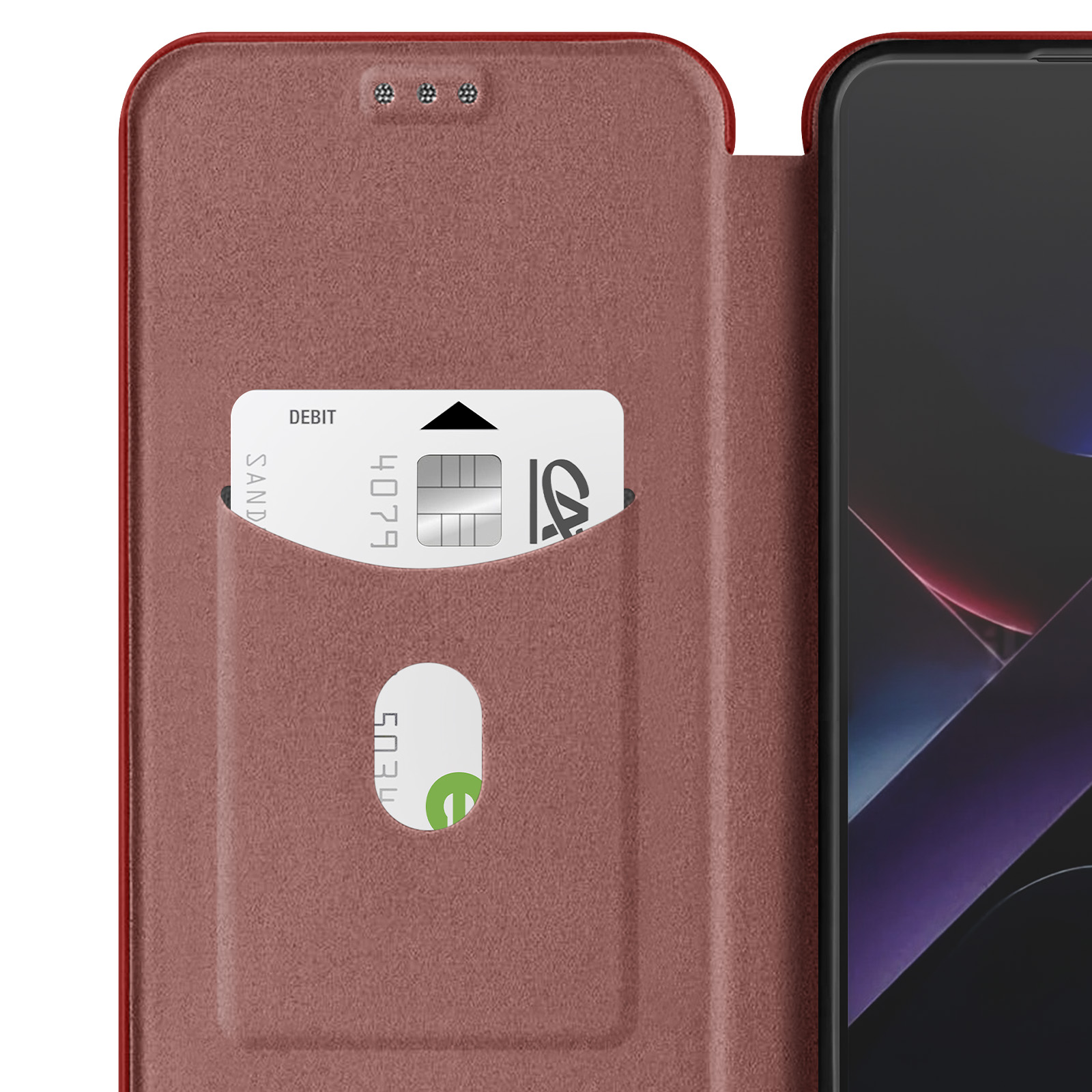 Custodia per telefono rossa con fessura per carte, con una carta di credito.