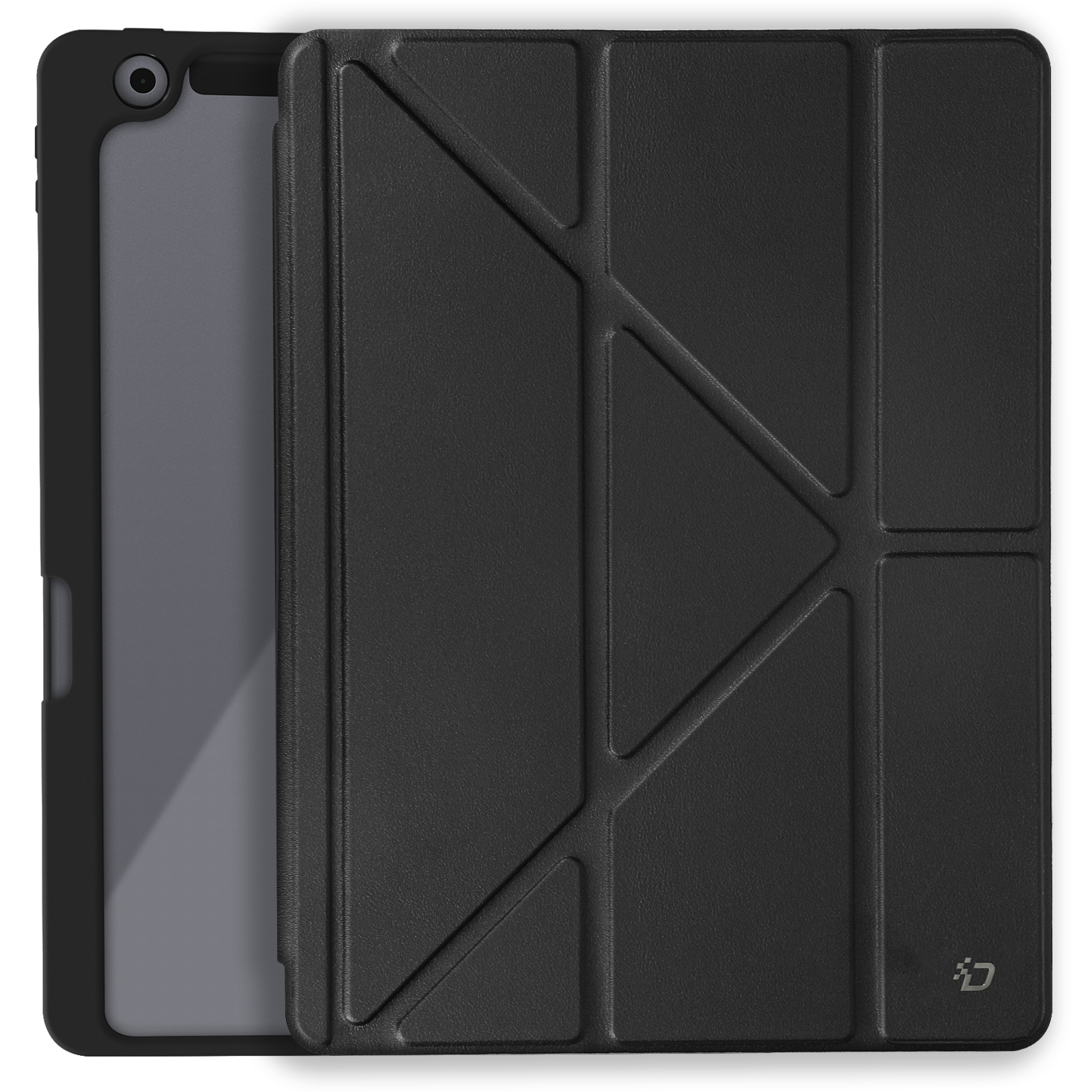 Custodia per tablet nera con design geometrico. Il tablet è visibile all'interno.