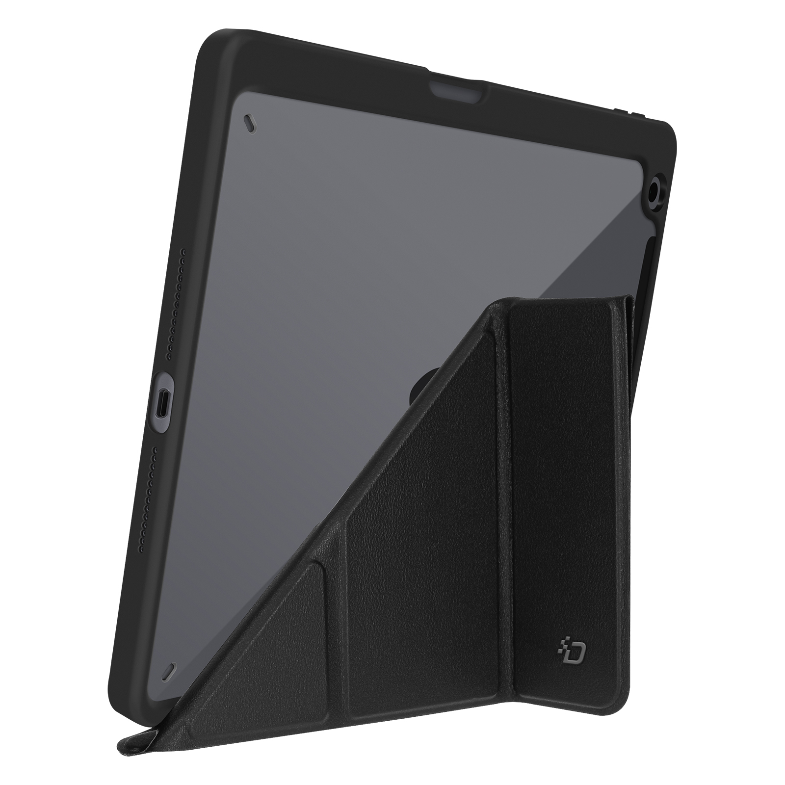 Tablet nero con custodia che si piega in un supporto, su sfondo bianco.