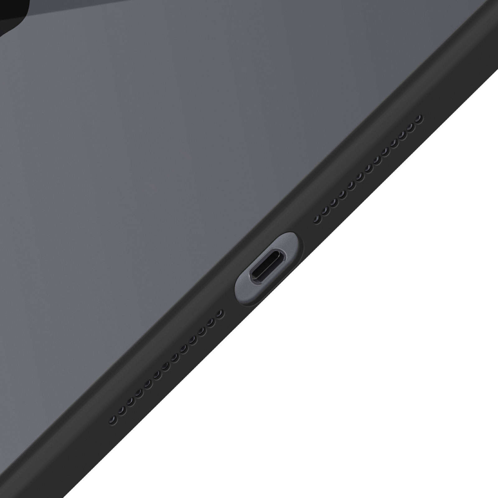 Tablet nero, primo piano del lato con porta USB-C, fori per altoparlanti e superficie nera liscia.