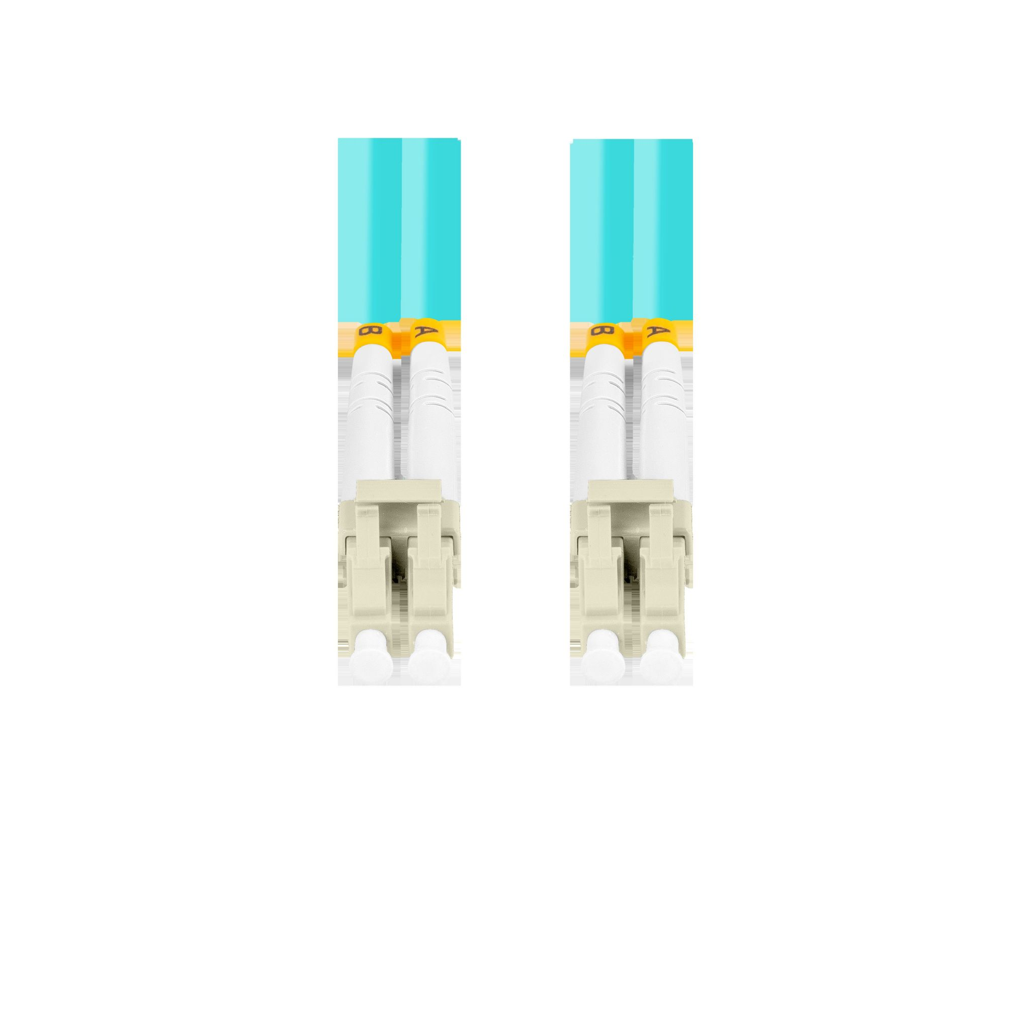 Due cavi in fibra ottica con cavi bianchi, connettori beige e parti superiori blu. Sfondo bianco.