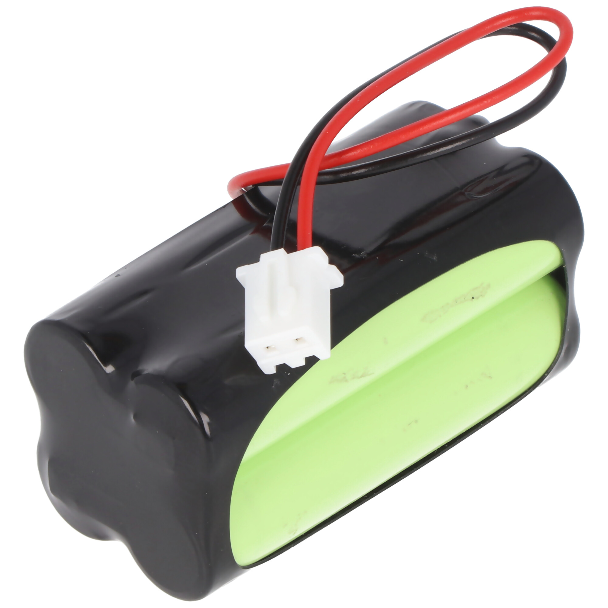 Schwarze Batterie mit roten und schwarzen Drähten, die an einen weißen Stecker angeschlossen sind.