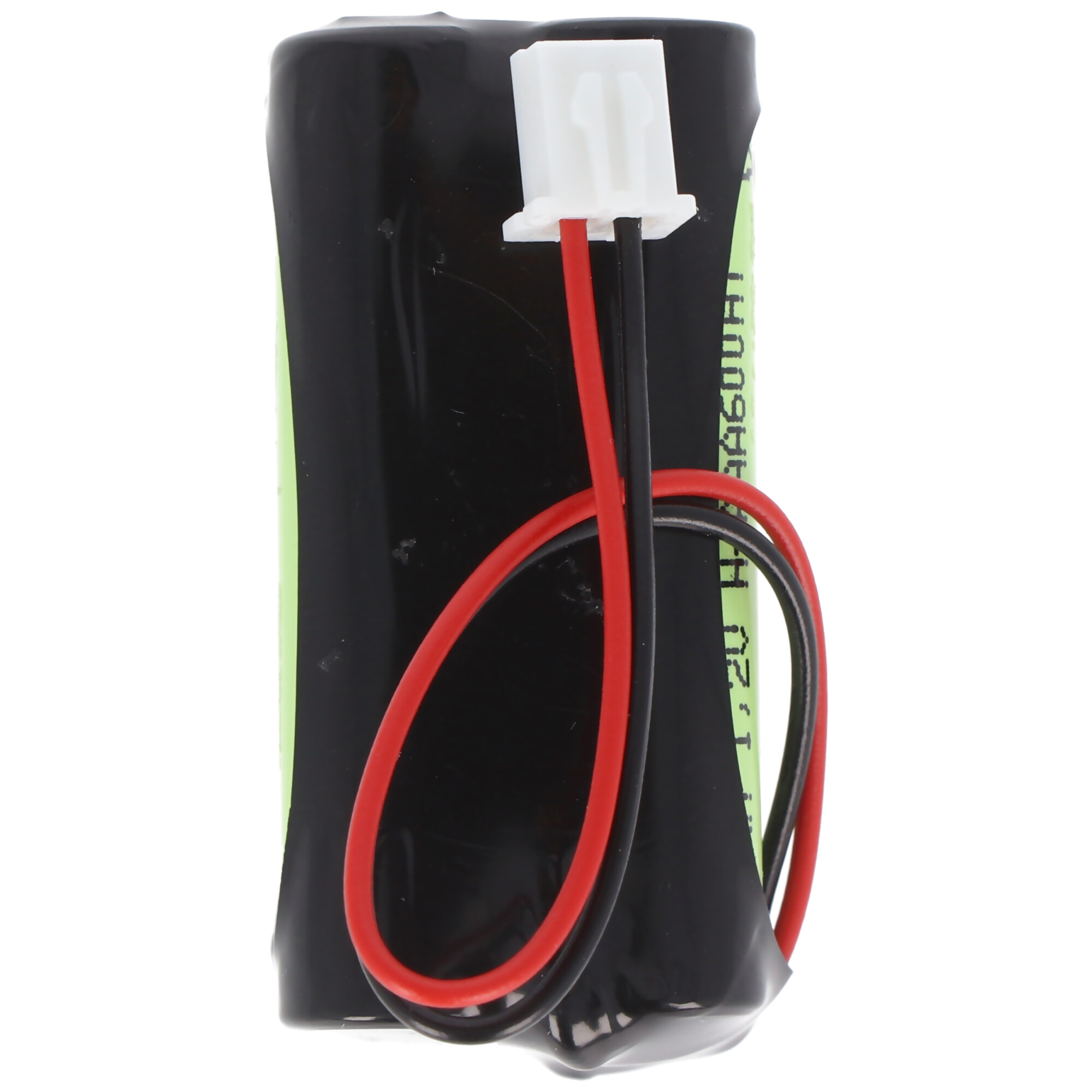 Schwarze und grüne zylindrische Batterie mit roten und schwarzen Drähten und einem weißen Stecker.