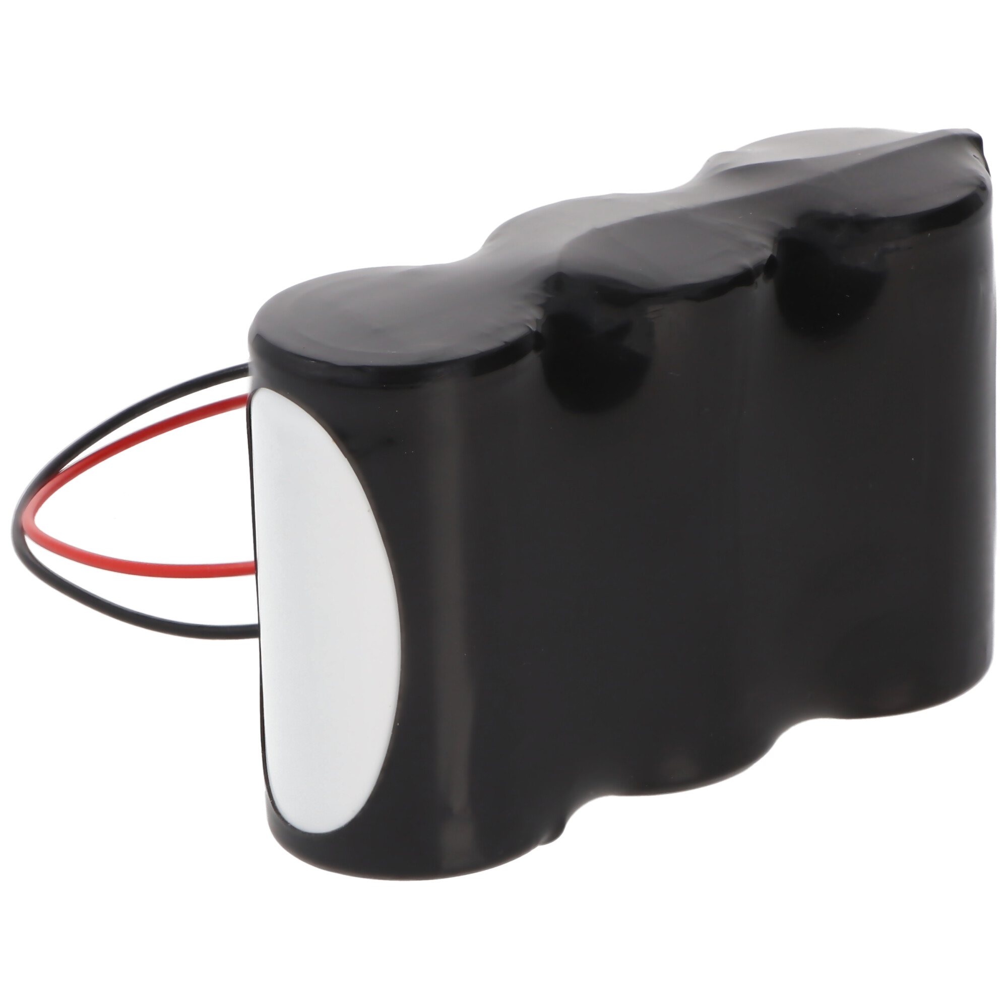 Ein schwarzes Batteriepack mit roten und schwarzen Drähten.