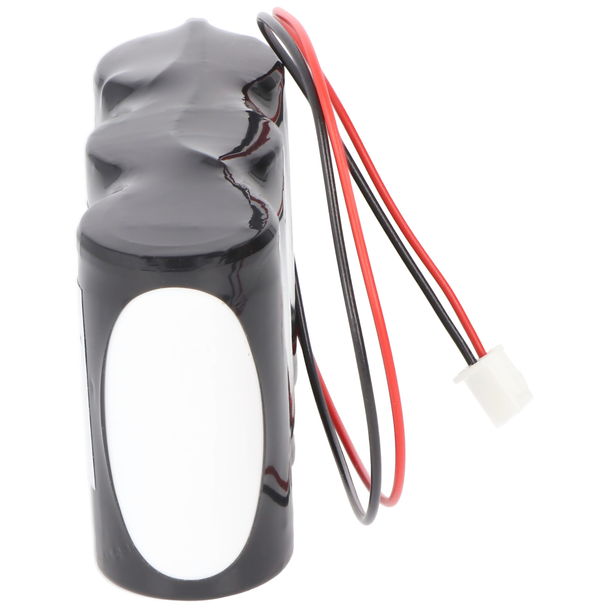 Schwarzes Batteriepack mit weißem ovalem Etikett, roten und schwarzen Drähten und einem weißen Stecker.