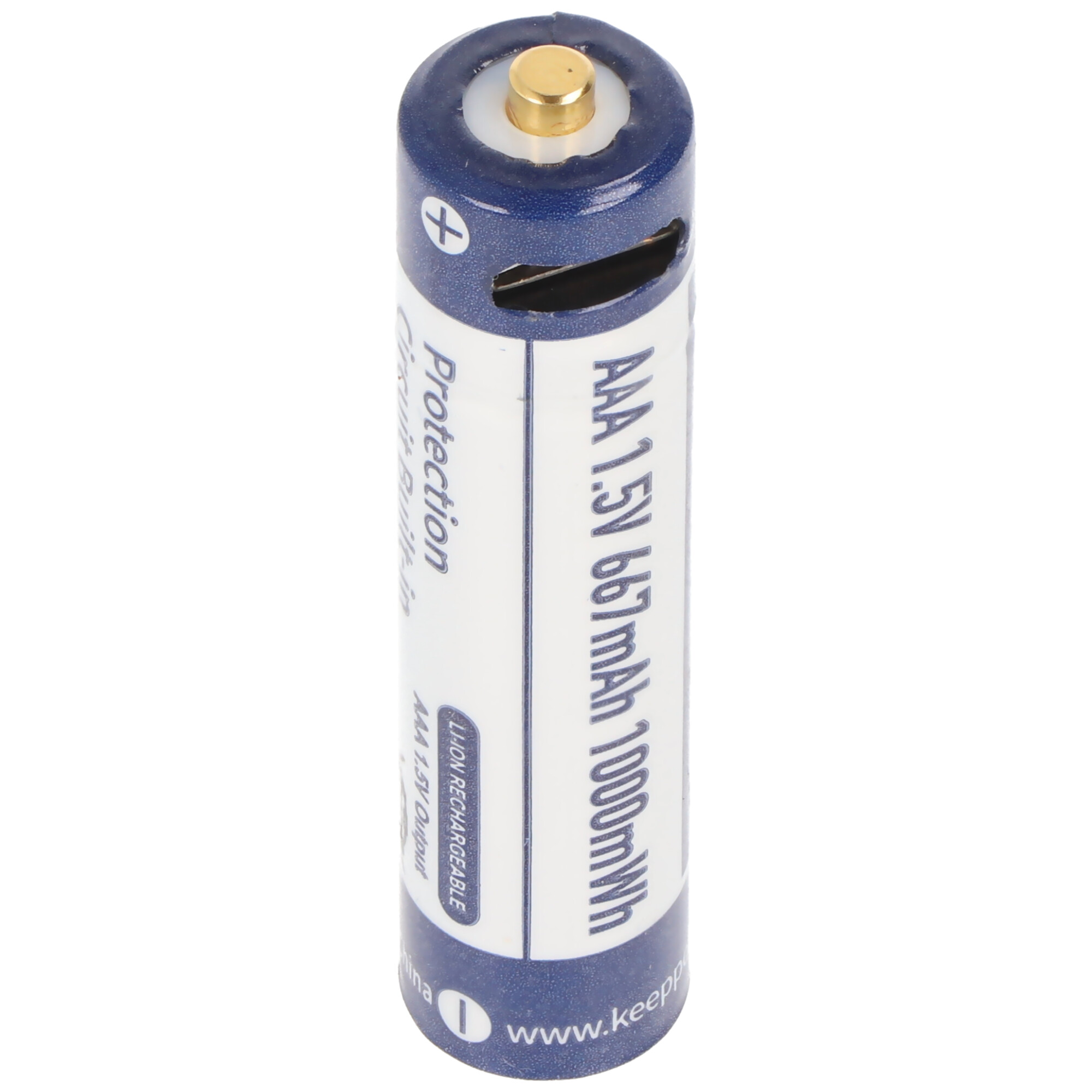 Eine zylindrische AAA-Batterie, marineblaues Gehäuse mit weißem Text, goldener Oberseite und Plus/Minus-Symbolen.