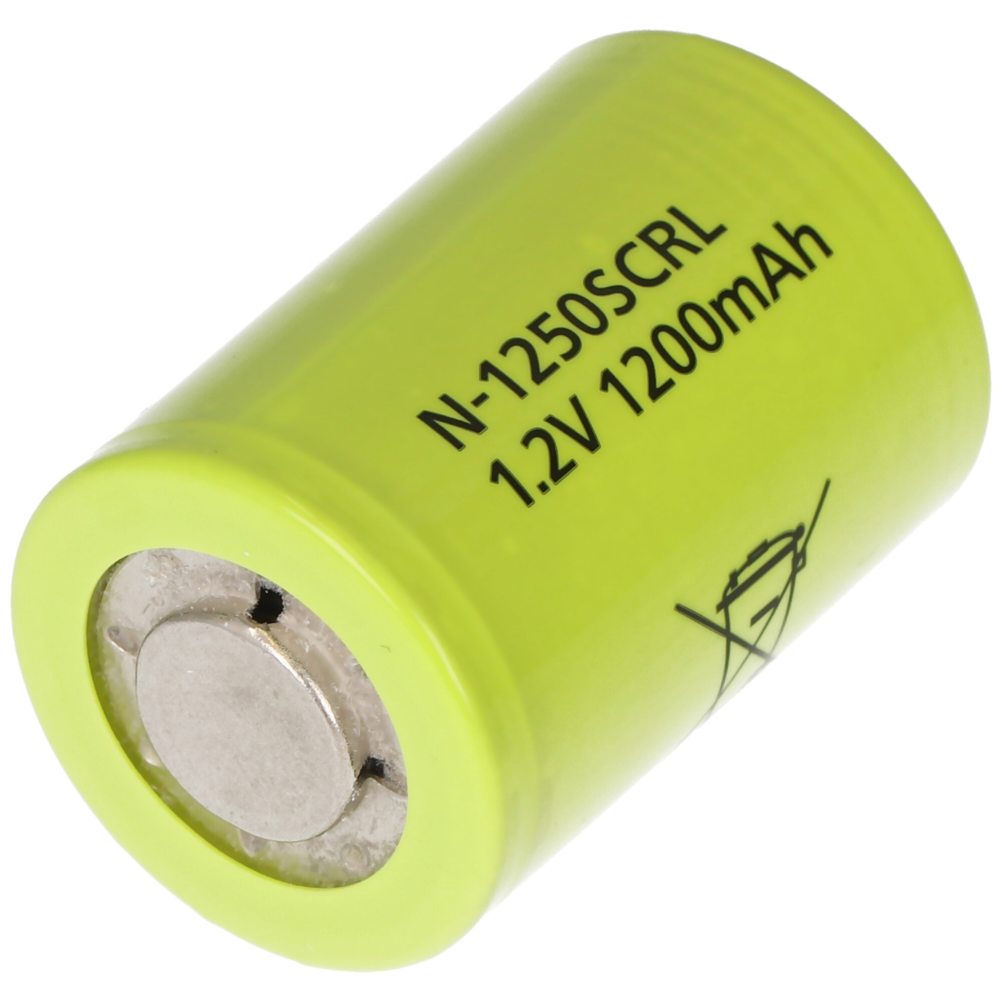 Eine grüne zylindrische Batterie mit der Aufschrift "N-1250SCRL 1.2V 1200mAh".