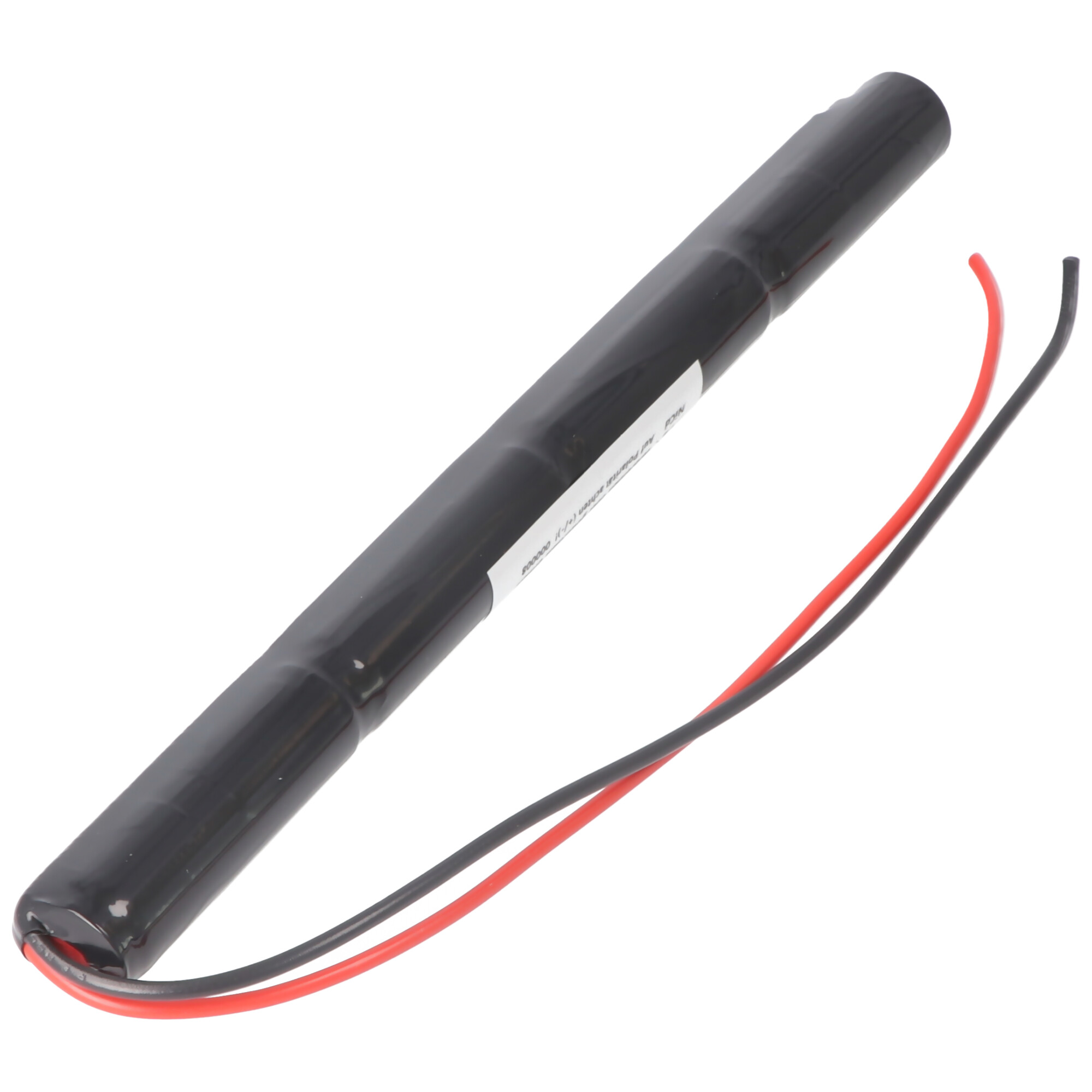 Schwarze, zylindrische Batterie mit roten und schwarzen Drähten, die sich von einem Ende erstrecken.