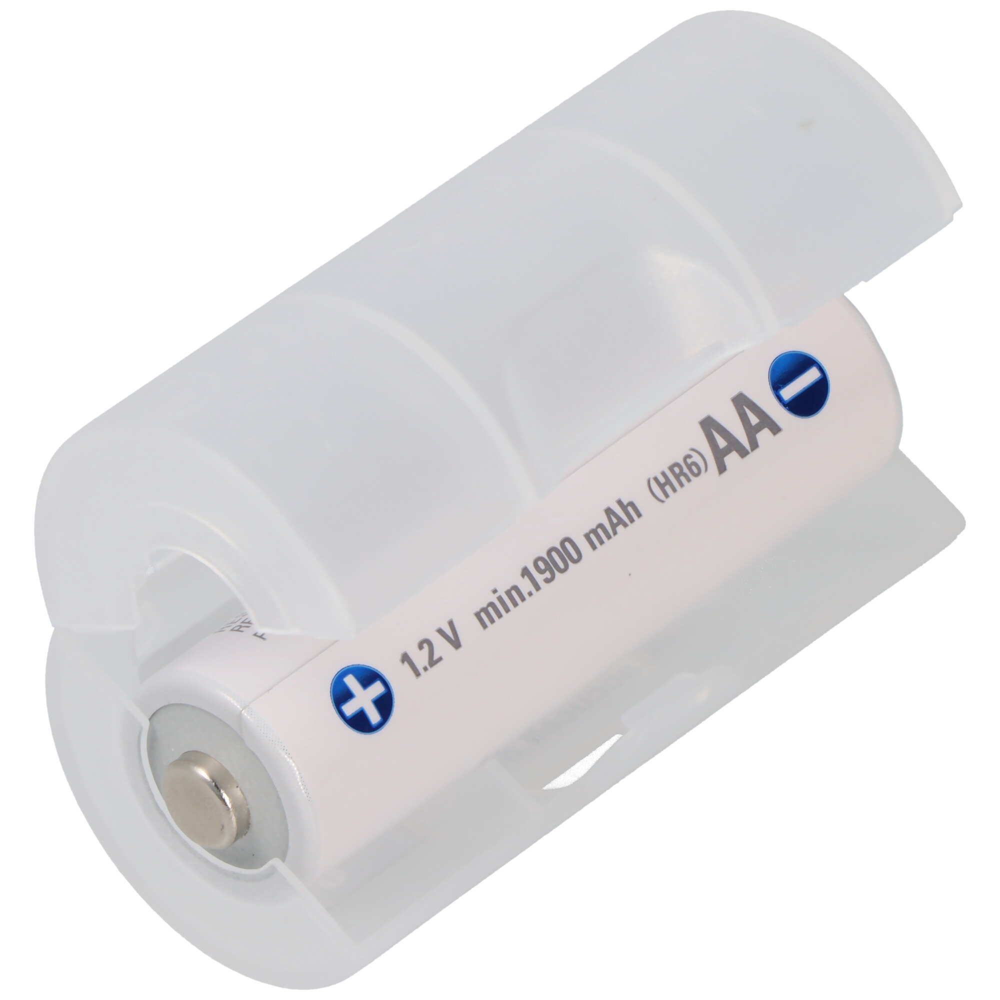 AA-Batterie in einer transparenten Kunststoffhülle, Vorder- und offene Seiten sichtbar.